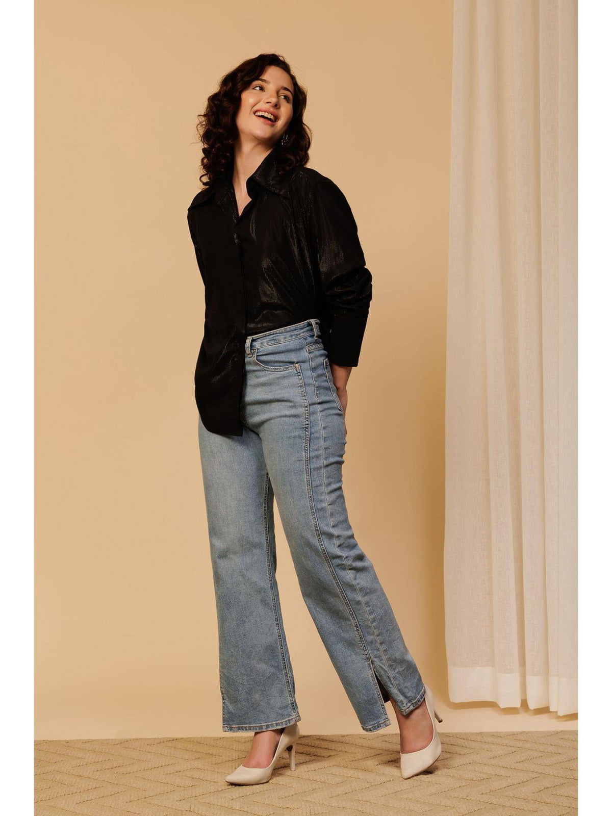 Women Black Embellished Casual Shimmer Shirt | S67 - view 5