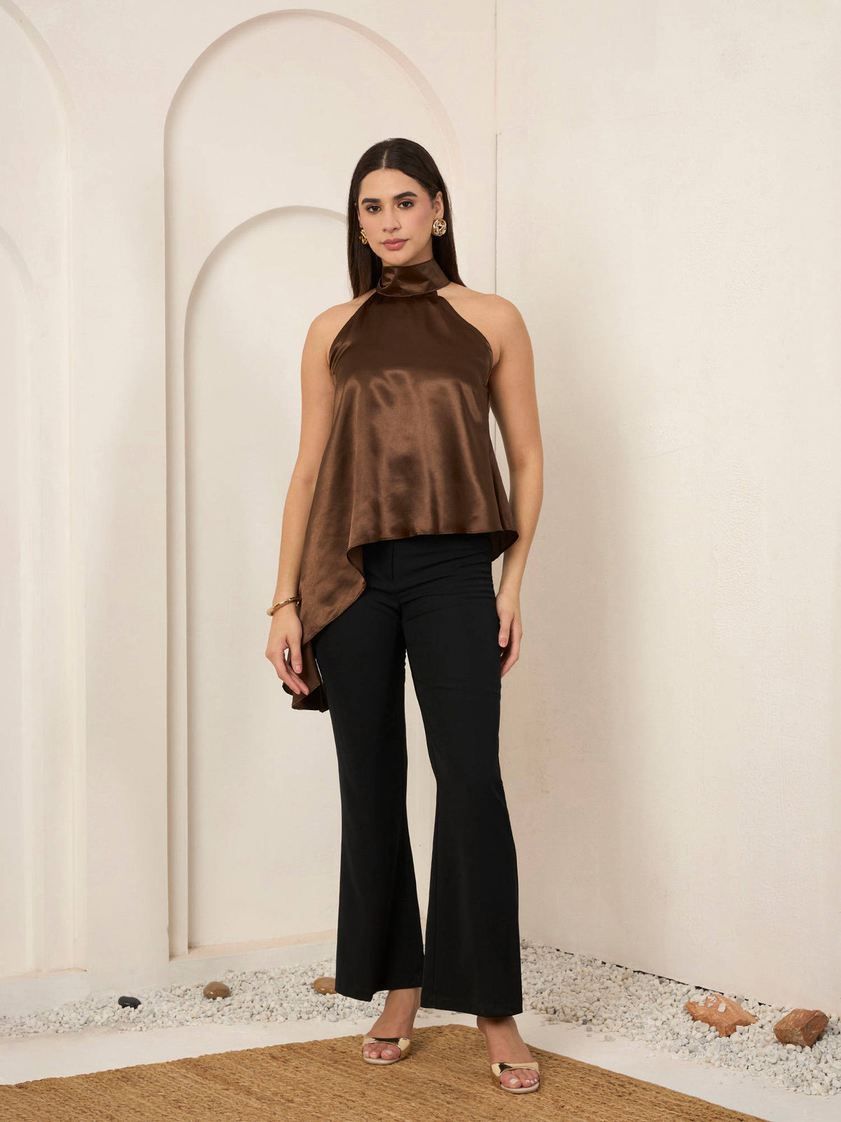 Brown Solid Satin Asymmetrical Top | HT67 - view 1