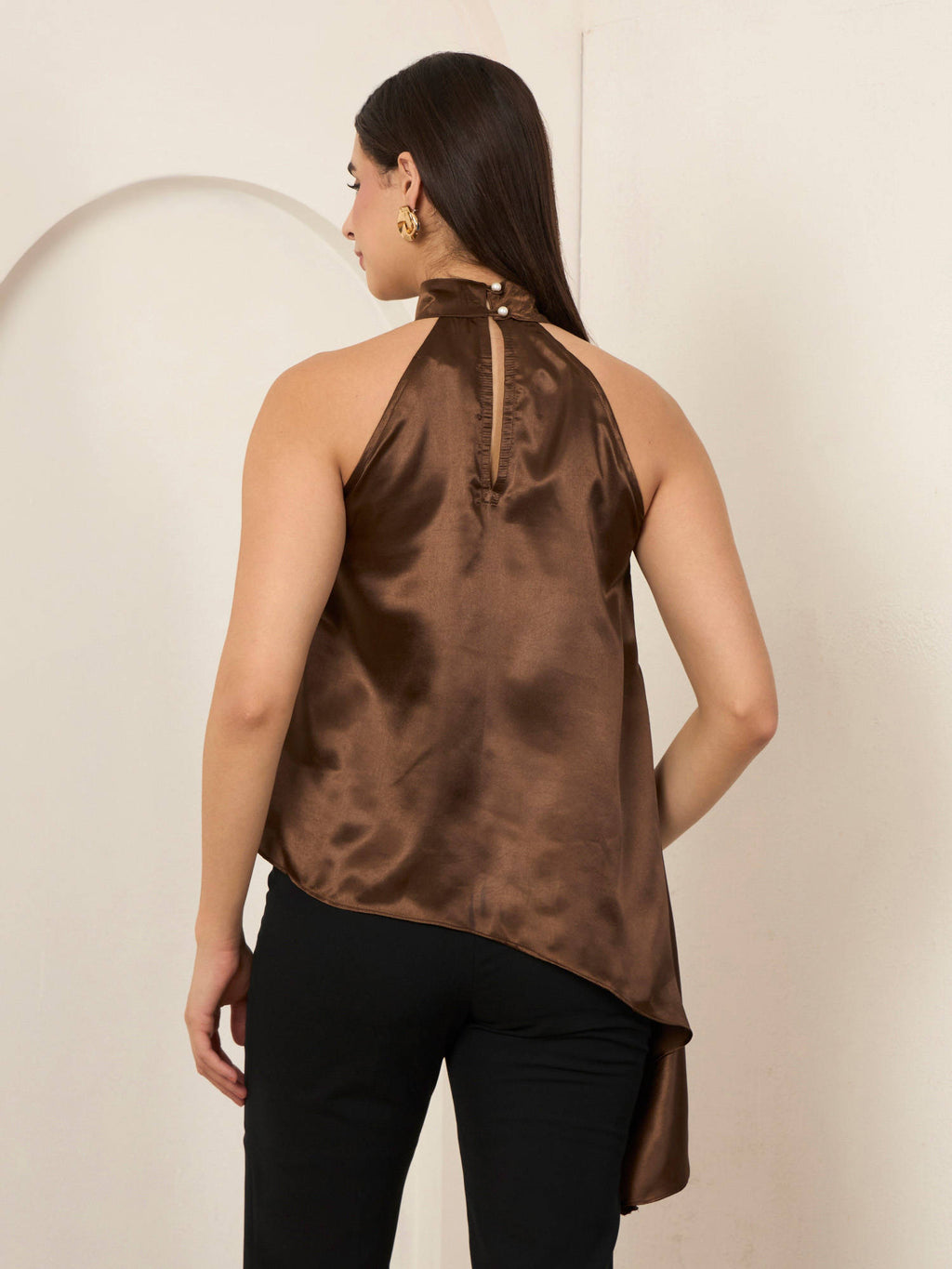 Brown Solid Satin Asymmetrical Top | HT67 - view 2