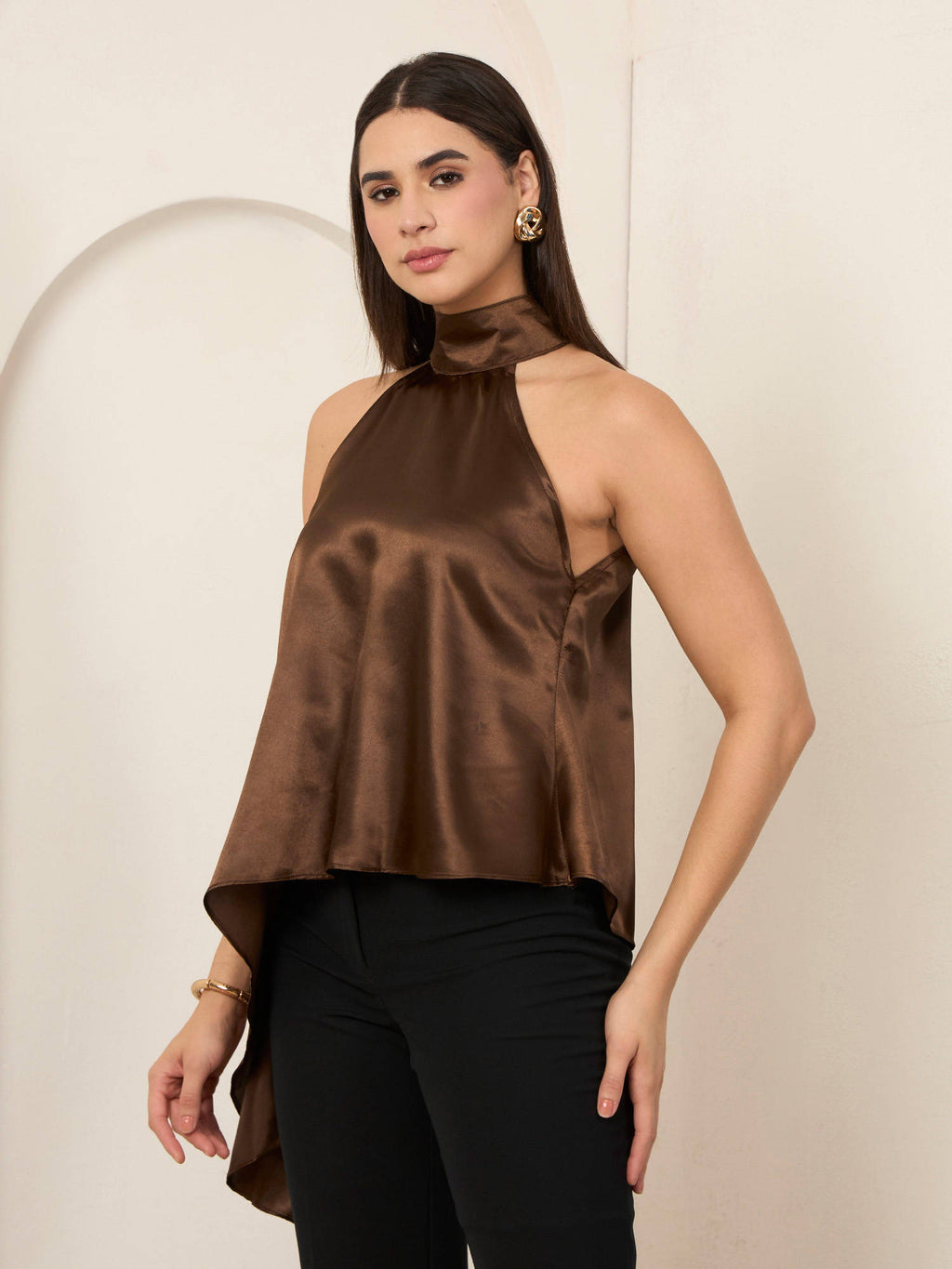 Brown Solid Satin Asymmetrical Top | HT67 - view 4