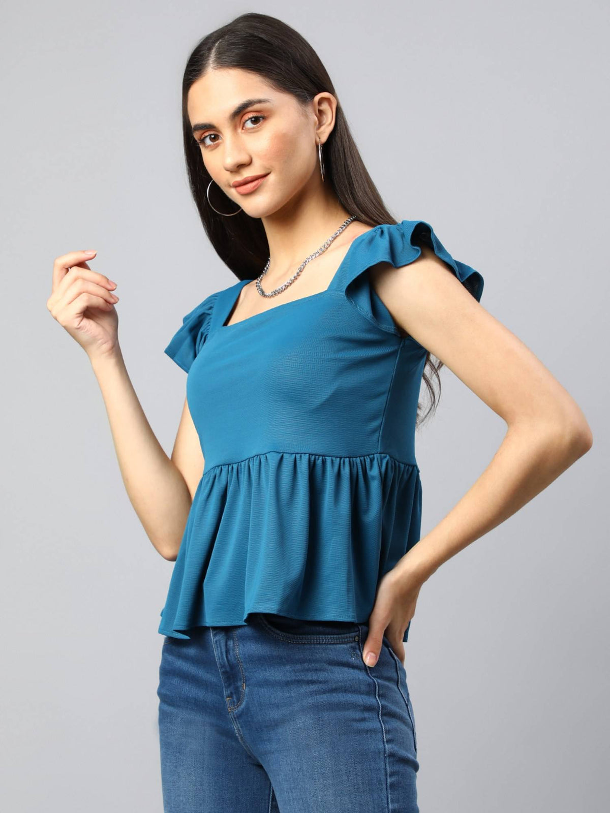 Women Blue Flutter Sleeve Ruffles Peplum Top | pt51 - view 3