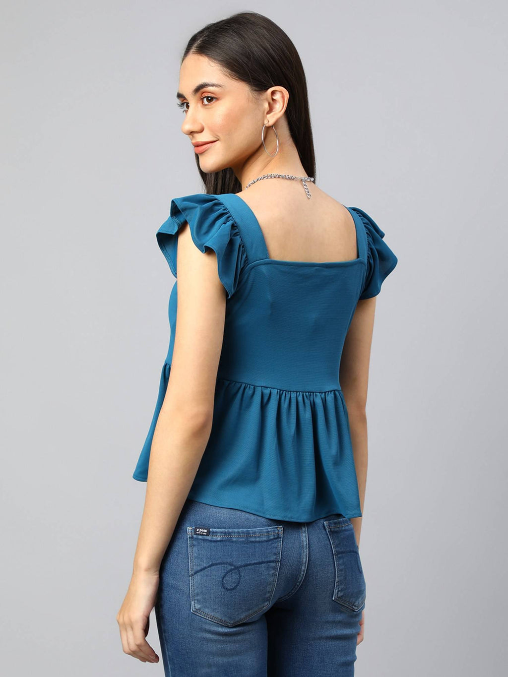 Women Blue Flutter Sleeve Ruffles Peplum Top | pt51 - view 4
