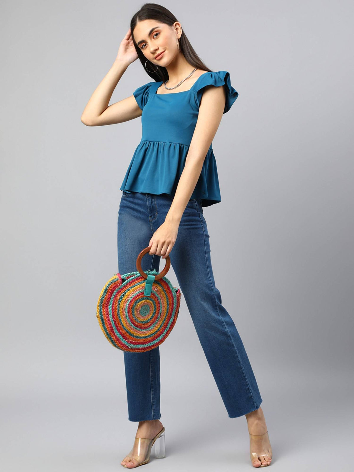 Women Blue Flutter Sleeve Ruffles Peplum Top | pt51 - view 5