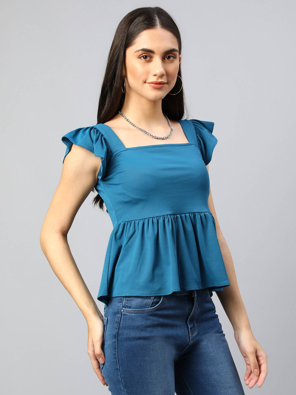 Women Blue Flutter Sleeve Ruffles Peplum Top | pt51 - view 6