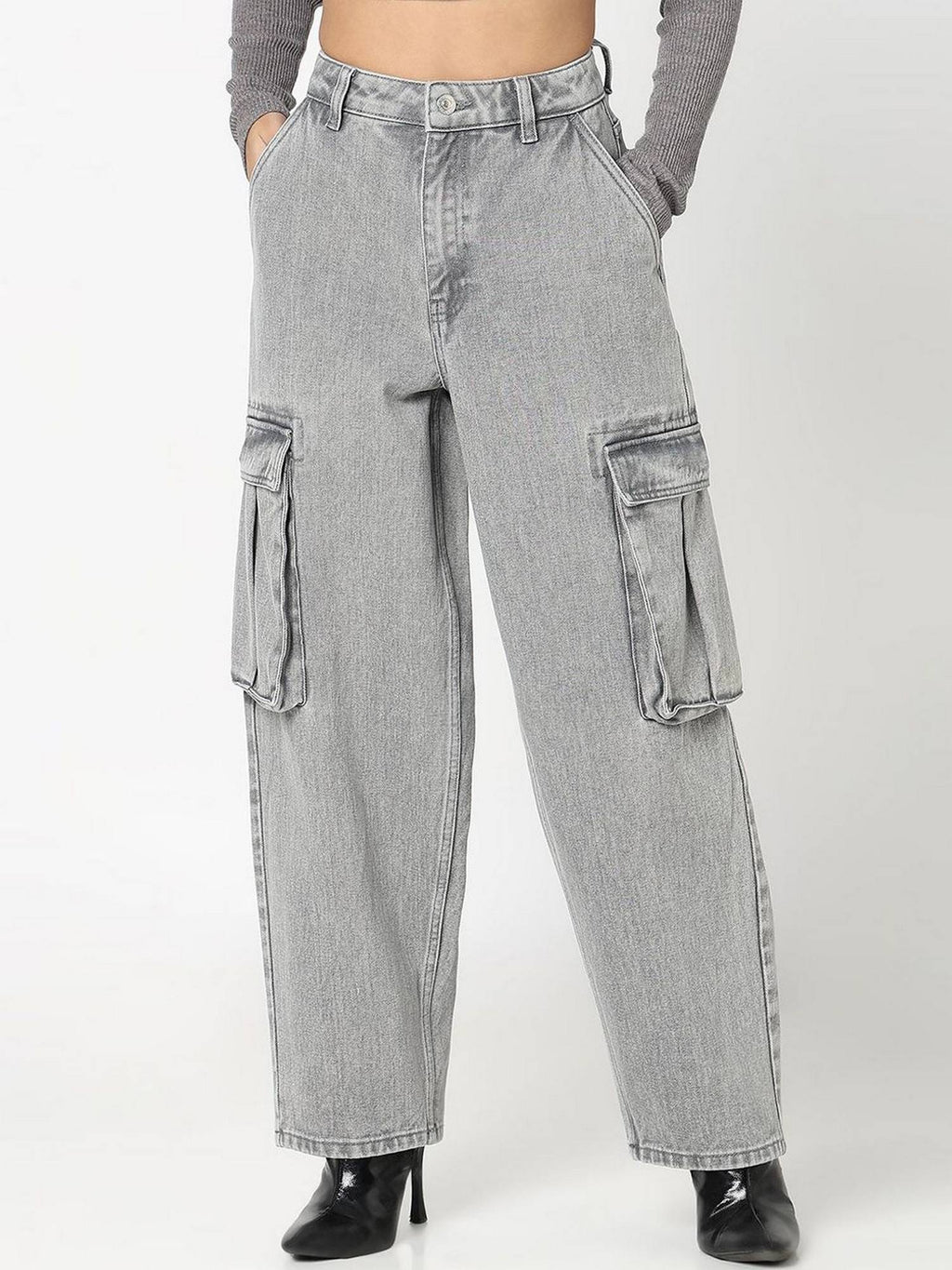 Women Grey Solid Mid Waist Relaxed Fit Jeans | RF89 - view 1