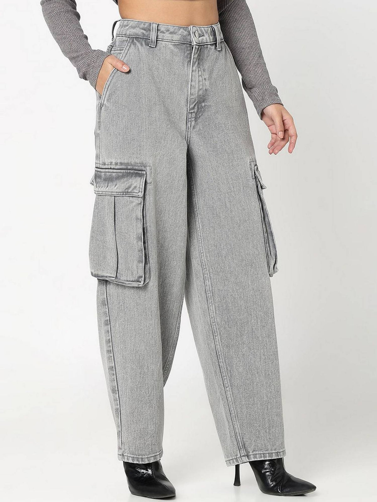 Women Grey Solid Mid Waist Relaxed Fit Jeans | RF89 - view 3