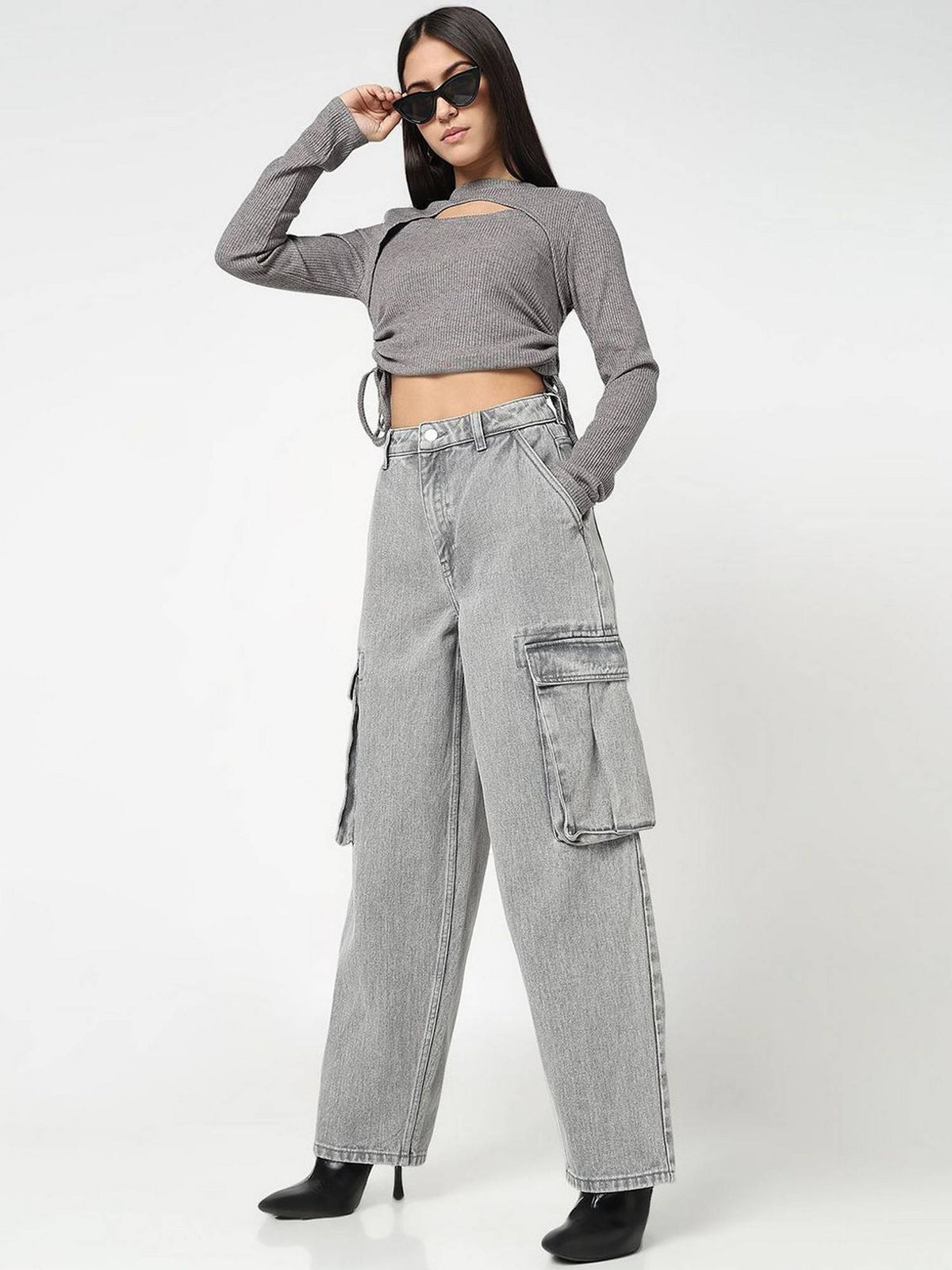 Women Grey Solid Mid Waist Relaxed Fit Jeans | RF89 - view 5