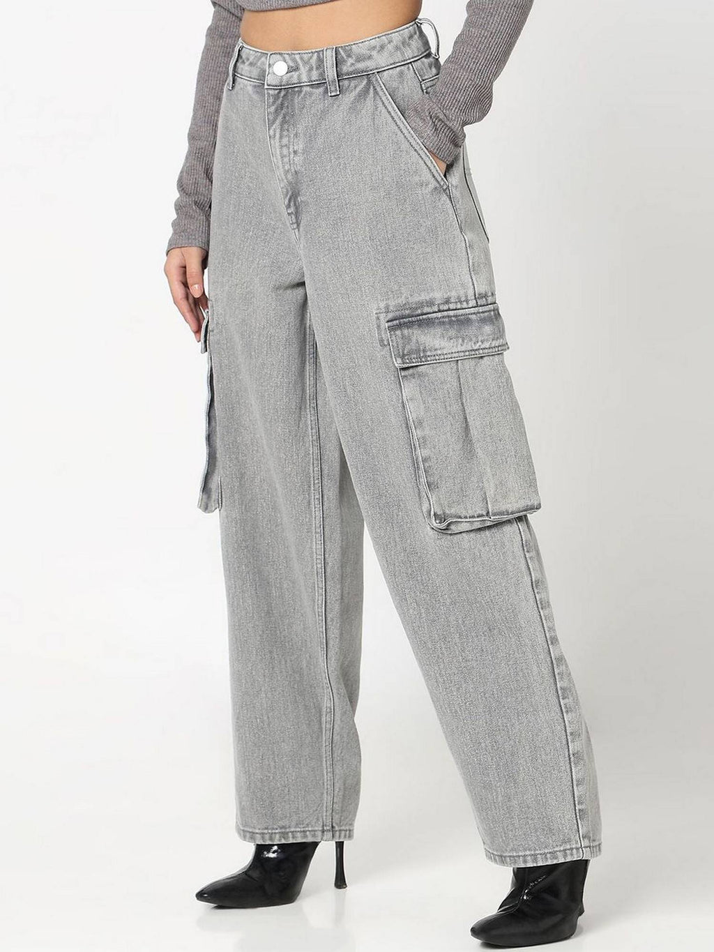 Women Grey Solid Mid Waist Relaxed Fit Jeans | RF89 - view 6