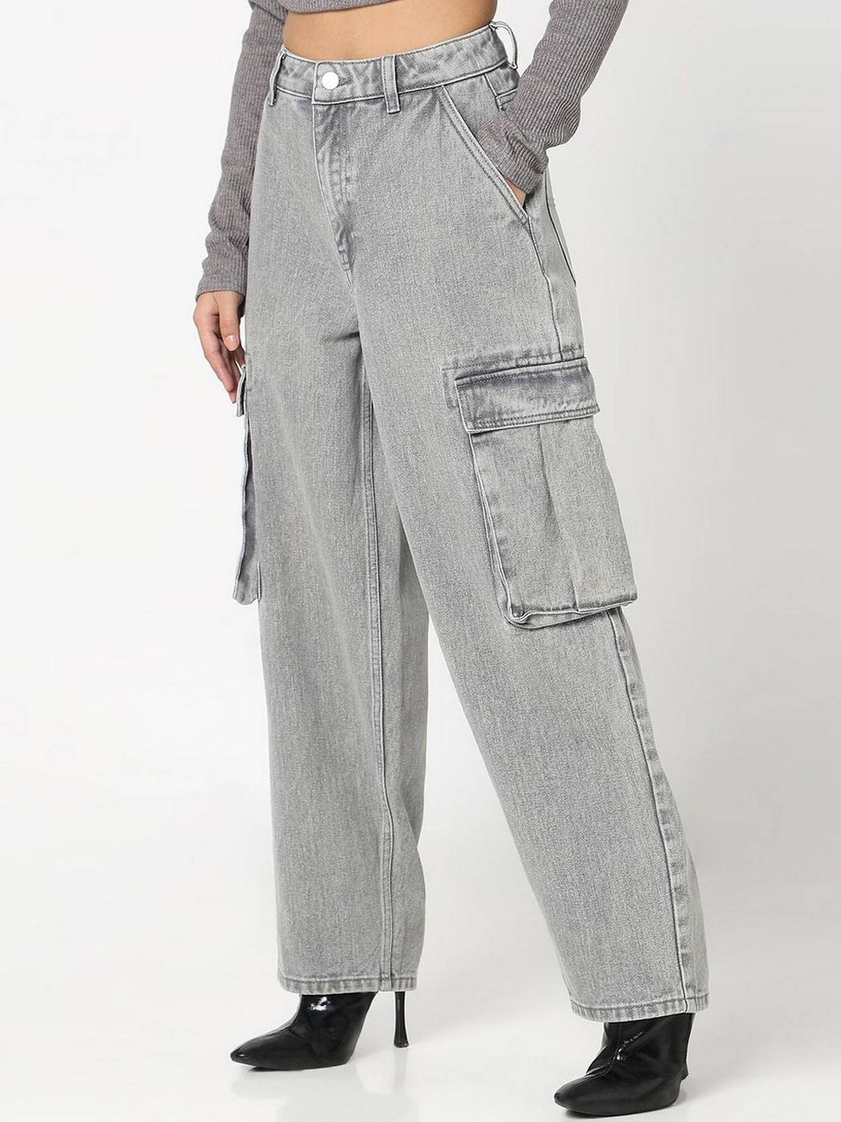 Women Grey Solid Mid Waist Relaxed Fit Jeans | RF89 - view 6