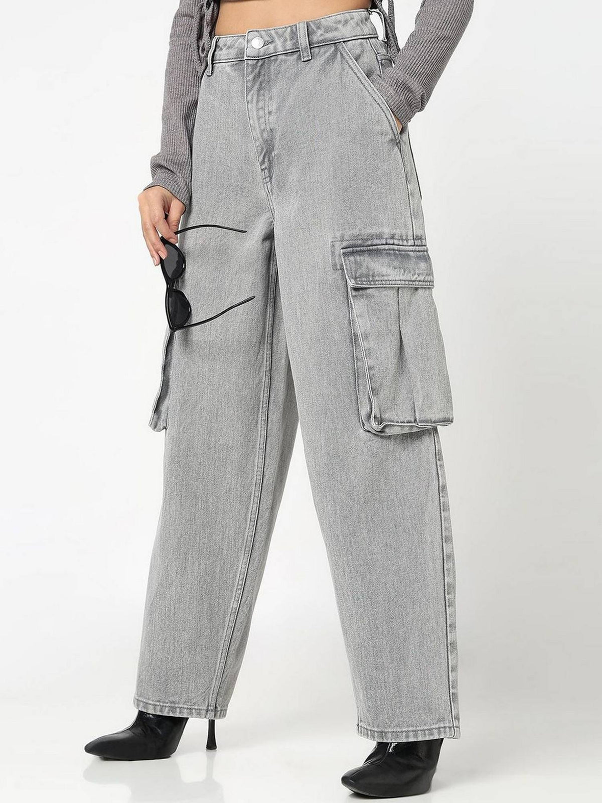Women Grey Solid Mid Waist Relaxed Fit Jeans | RF89 - view 7