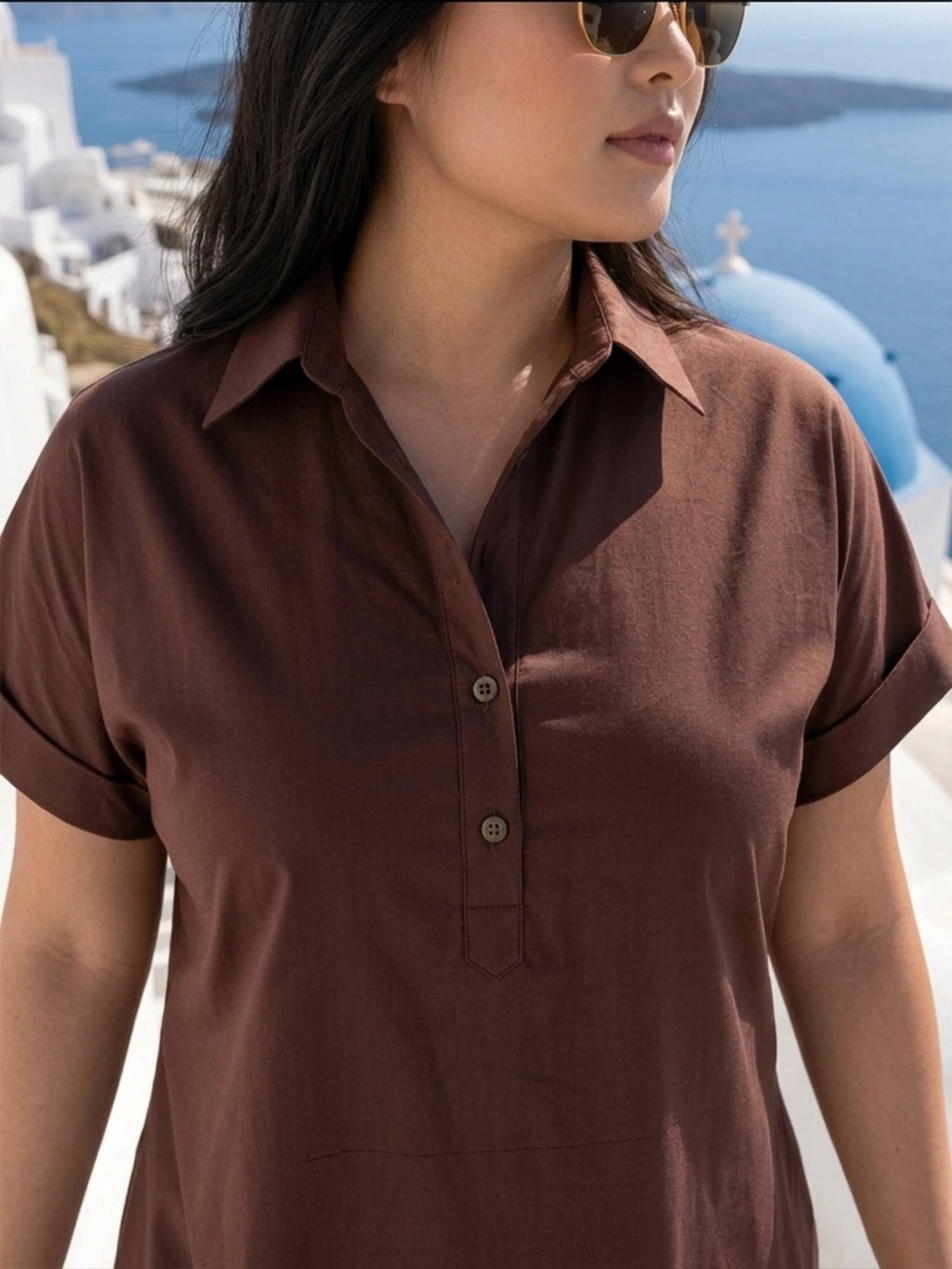 Brown Poplin Regular Fit Dress With Curved Hemline | D56 - view 3