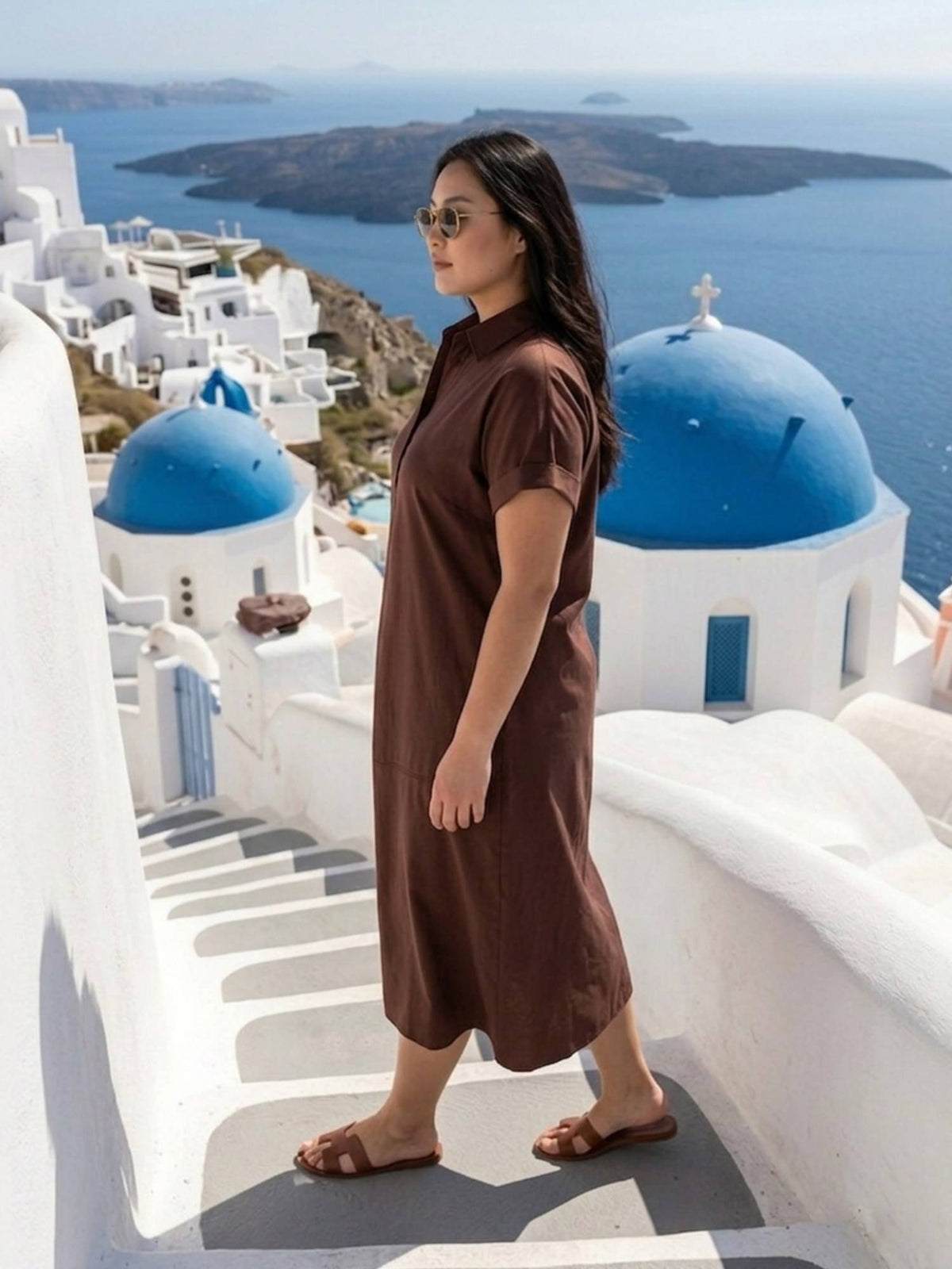 Brown Poplin Regular Fit Dress With Curved Hemline | D56 - view 4