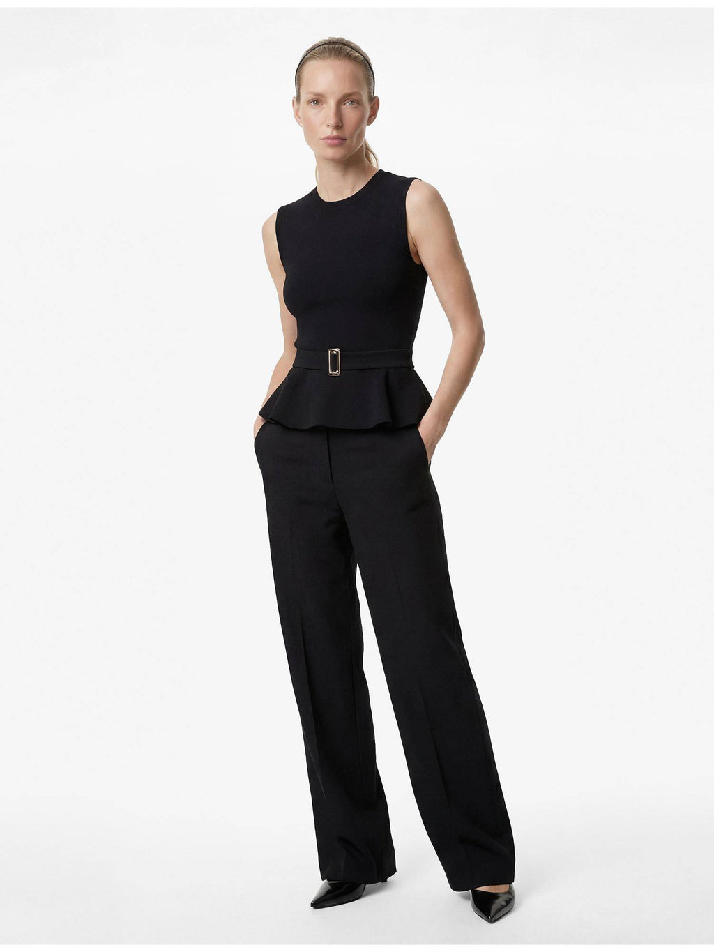Womens Black Belted Peplum Top | pt51 - view 2