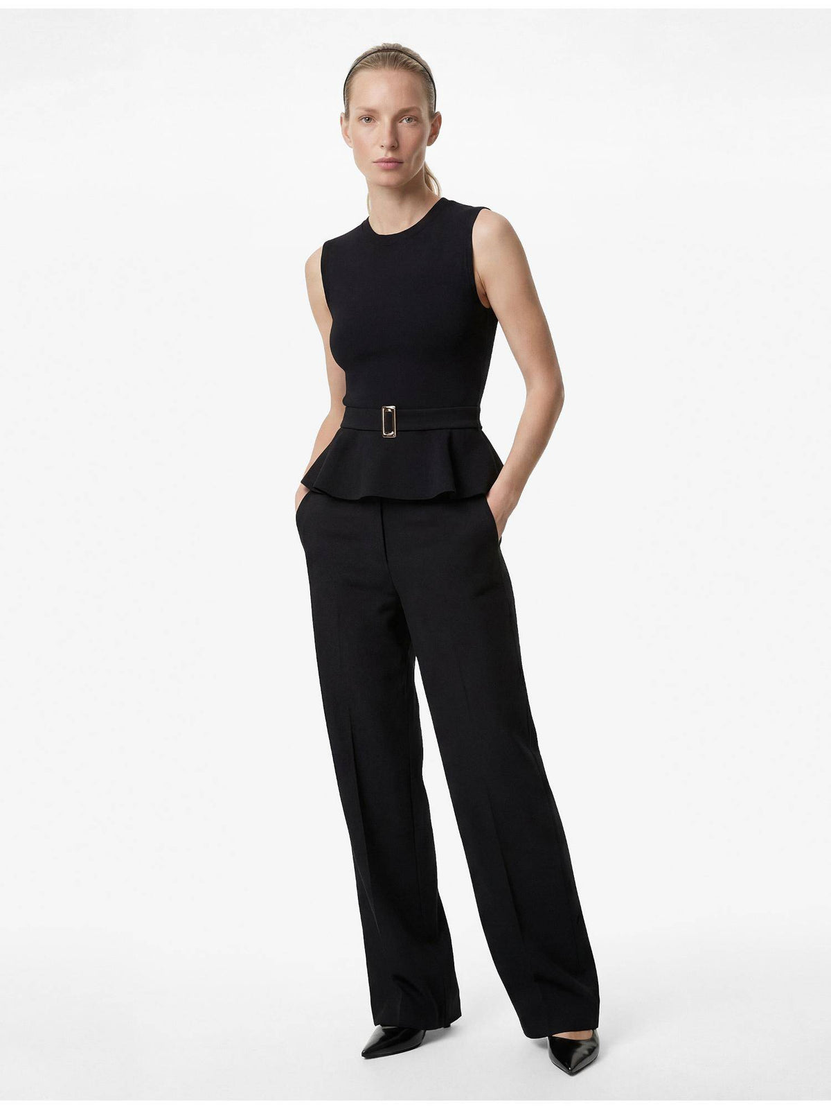 Womens Black Belted Peplum Top | pt51 - view 2