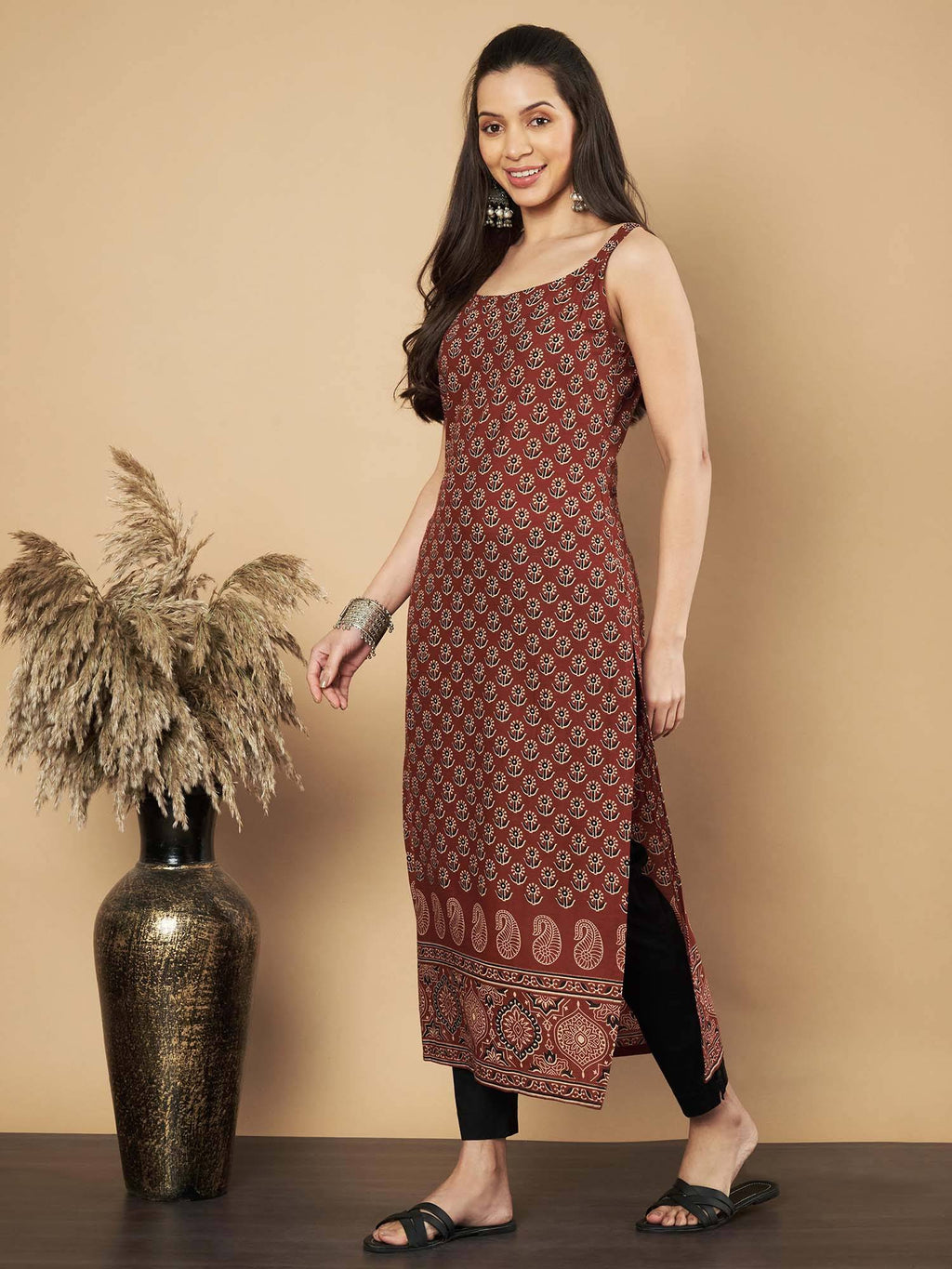 Women Floral Print Straight Cotton Navy Stitched Kurta | FY93 - view 14