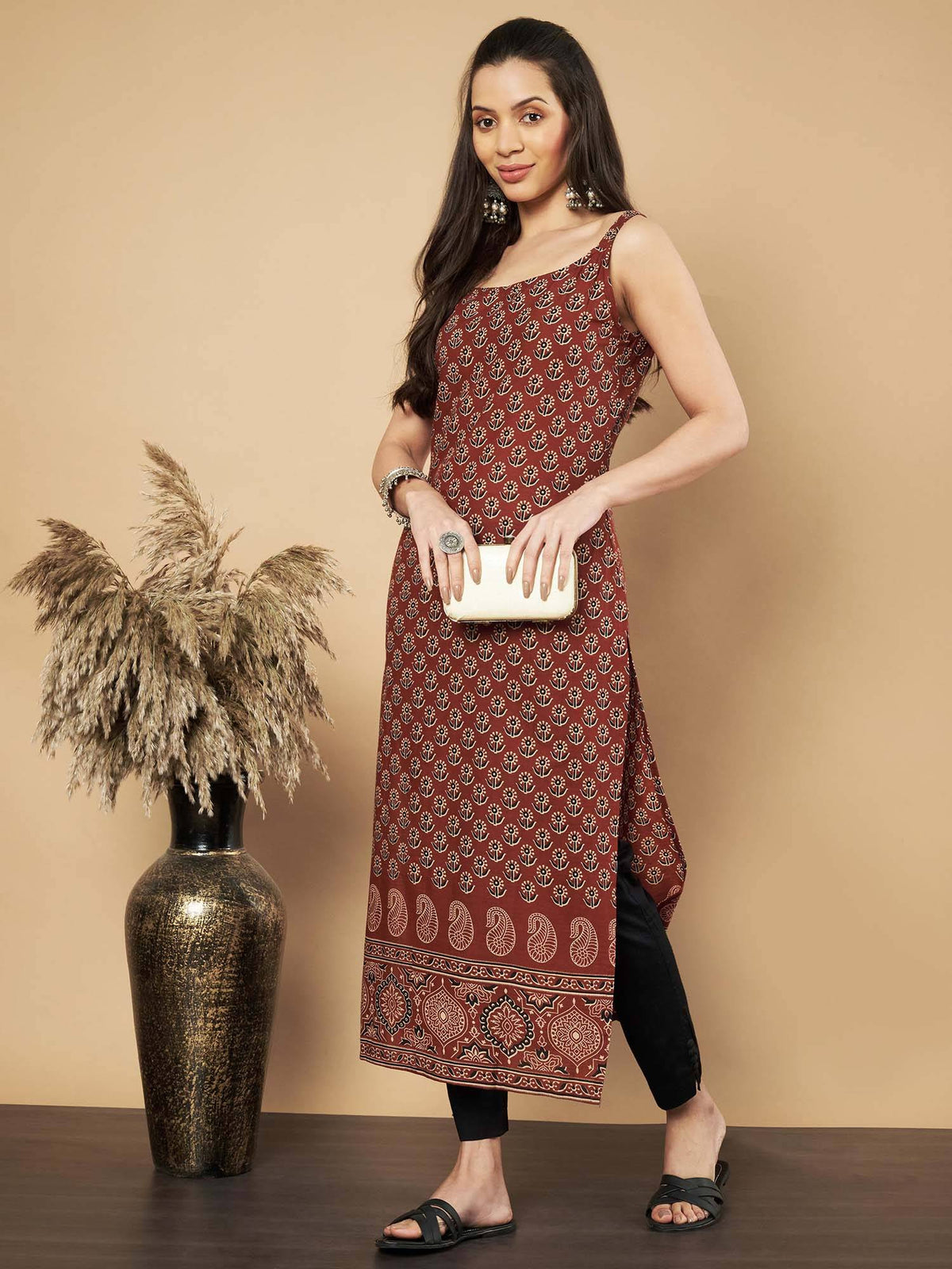 Women Floral Print Straight Cotton Green Stitched Kurta | U3S - view 17
