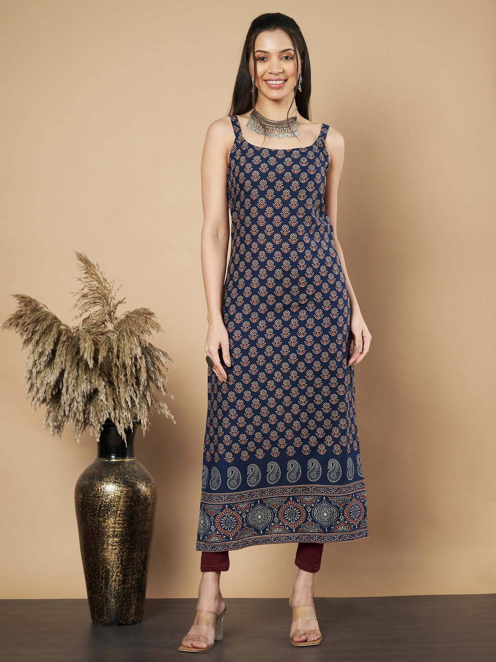 Women Floral Print Straight Cotton Navy Stitched Kurta | FY93 - view 1