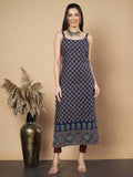 Women Floral Print Straight Cotton Navy Stitched Kurta | FY93 - view 1