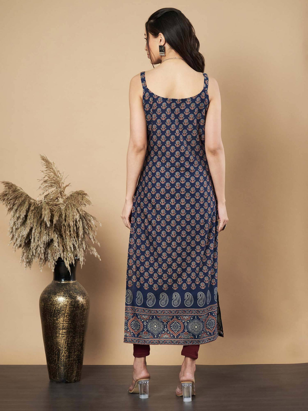 Women Floral Print Straight Cotton Navy Stitched Kurta | FY93 - view 2