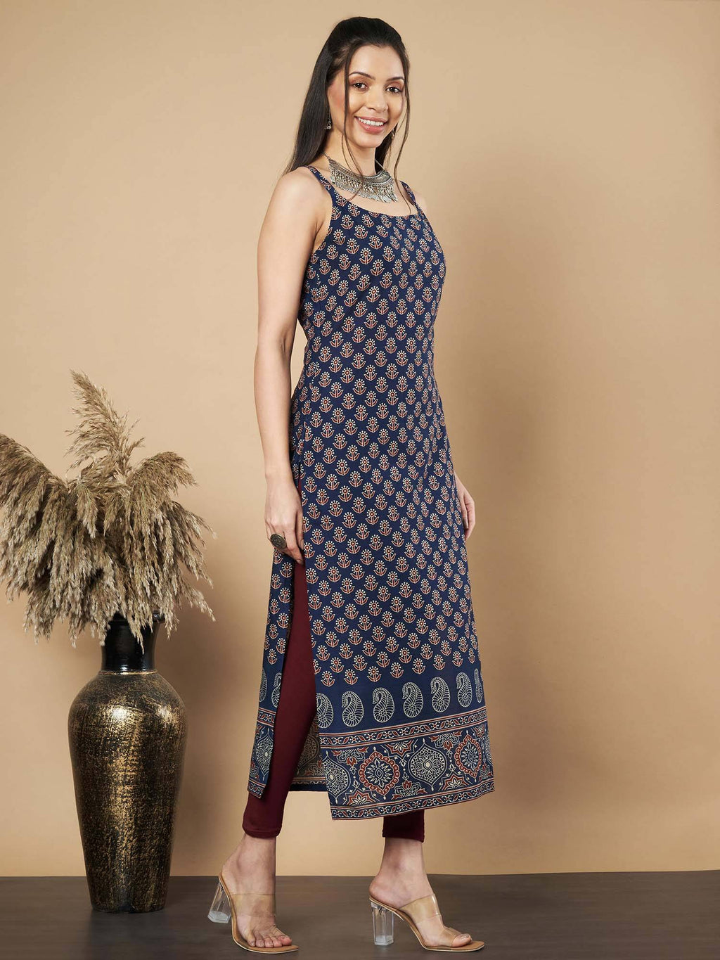 Women Floral Print Straight Cotton Navy Stitched Kurta | FY93 - view 3