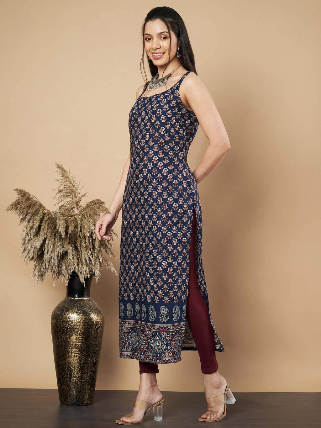 Women Floral Print Straight Cotton Navy Stitched Kurta | KDG - view 4