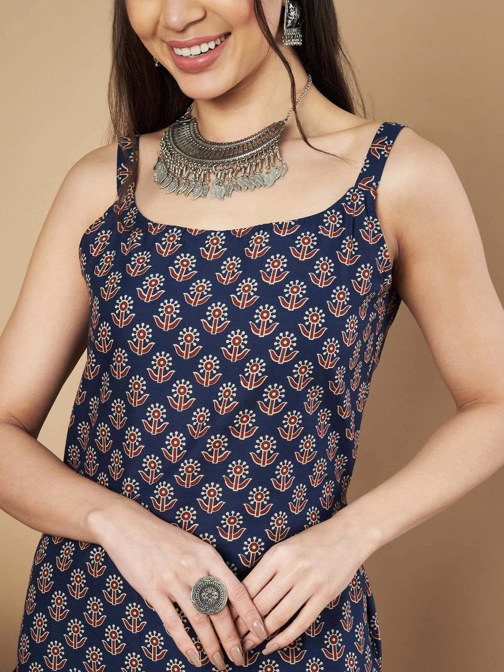 Women Floral Print Straight Cotton Navy Stitched Kurta | FY93 - view 5