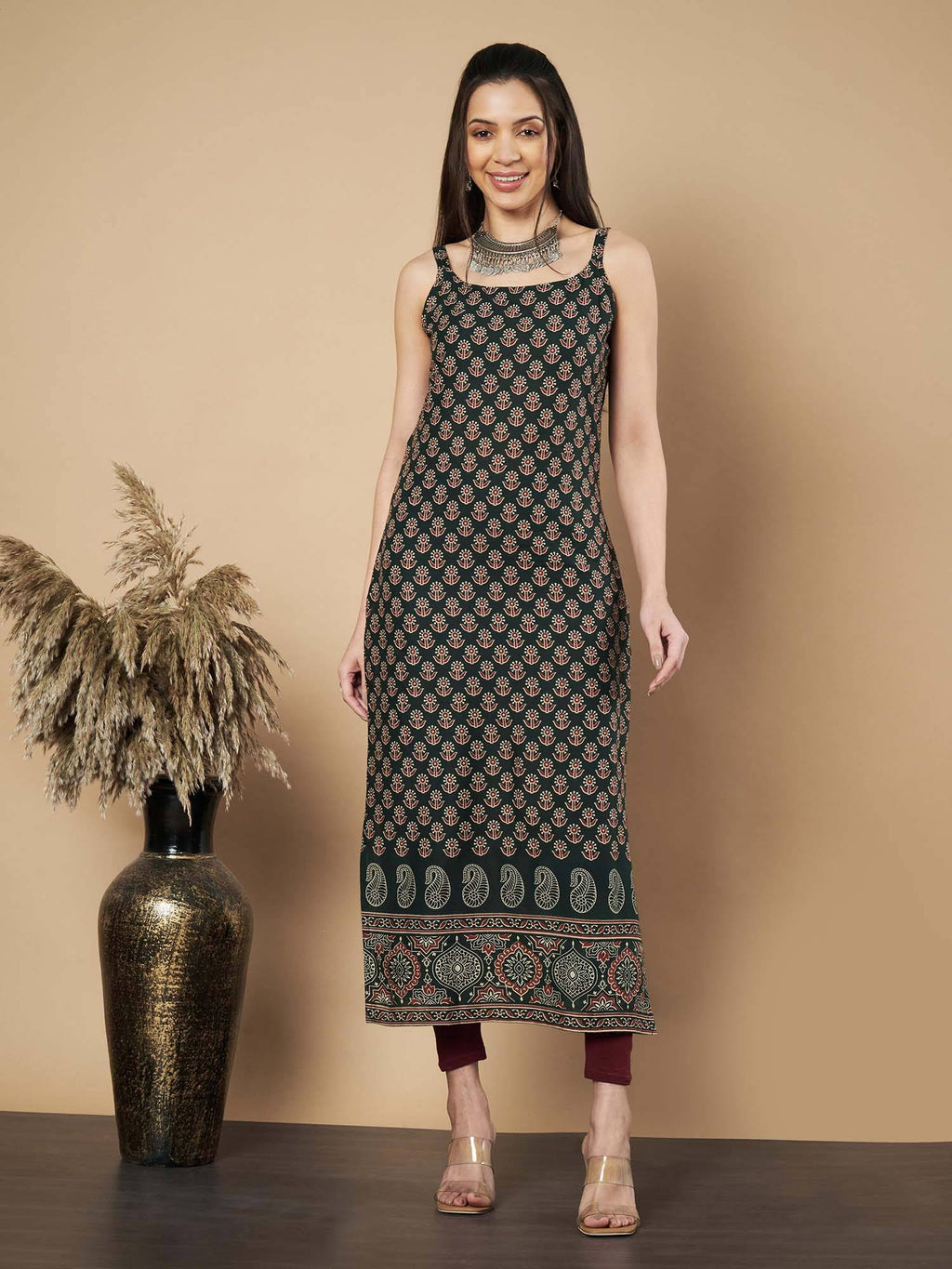 Women Floral Print Straight Cotton Green Stitched Kurta | U3S - view 1