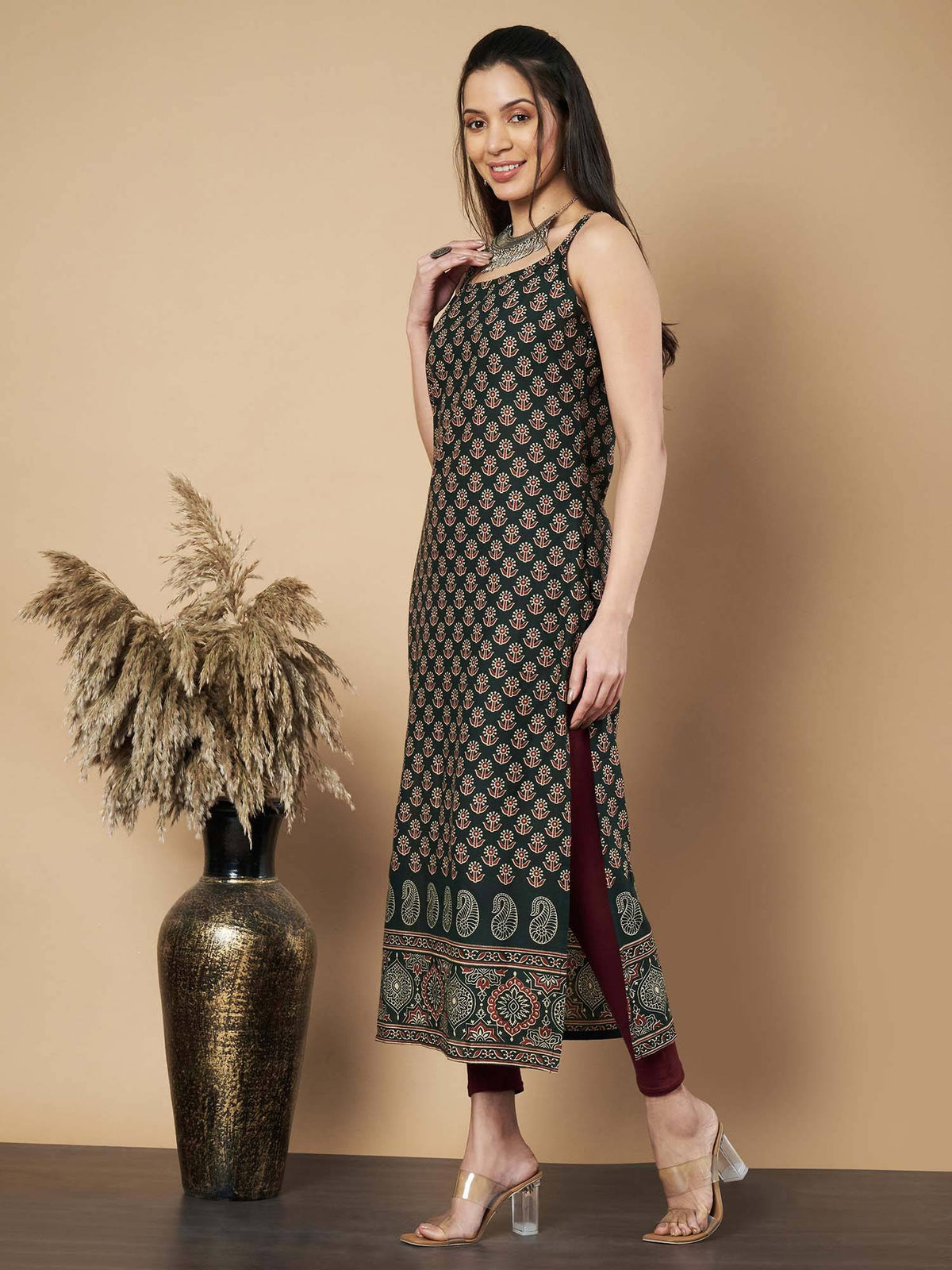 Women Floral Print Straight Cotton Green Stitched Kurta | U3S - view 6