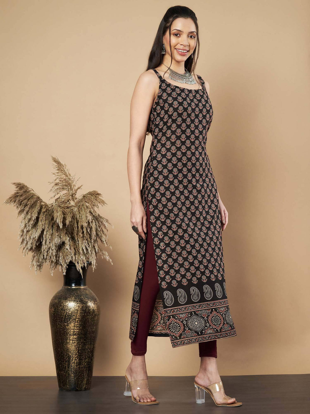 Women Floral Print Straight Cotton Navy Stitched Kurta | KDG - view 8