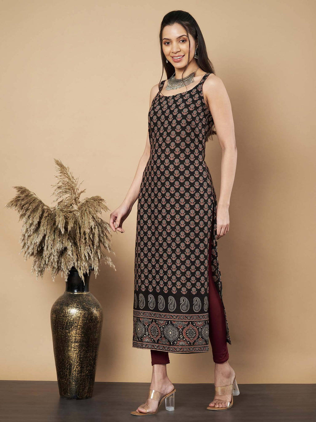 Women Floral Print Straight Cotton Navy Stitched Kurta | FY93 - view 9