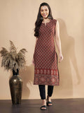 Women Floral Print Straight Cotton Maroon Stitched Kurta | KDG - view 1