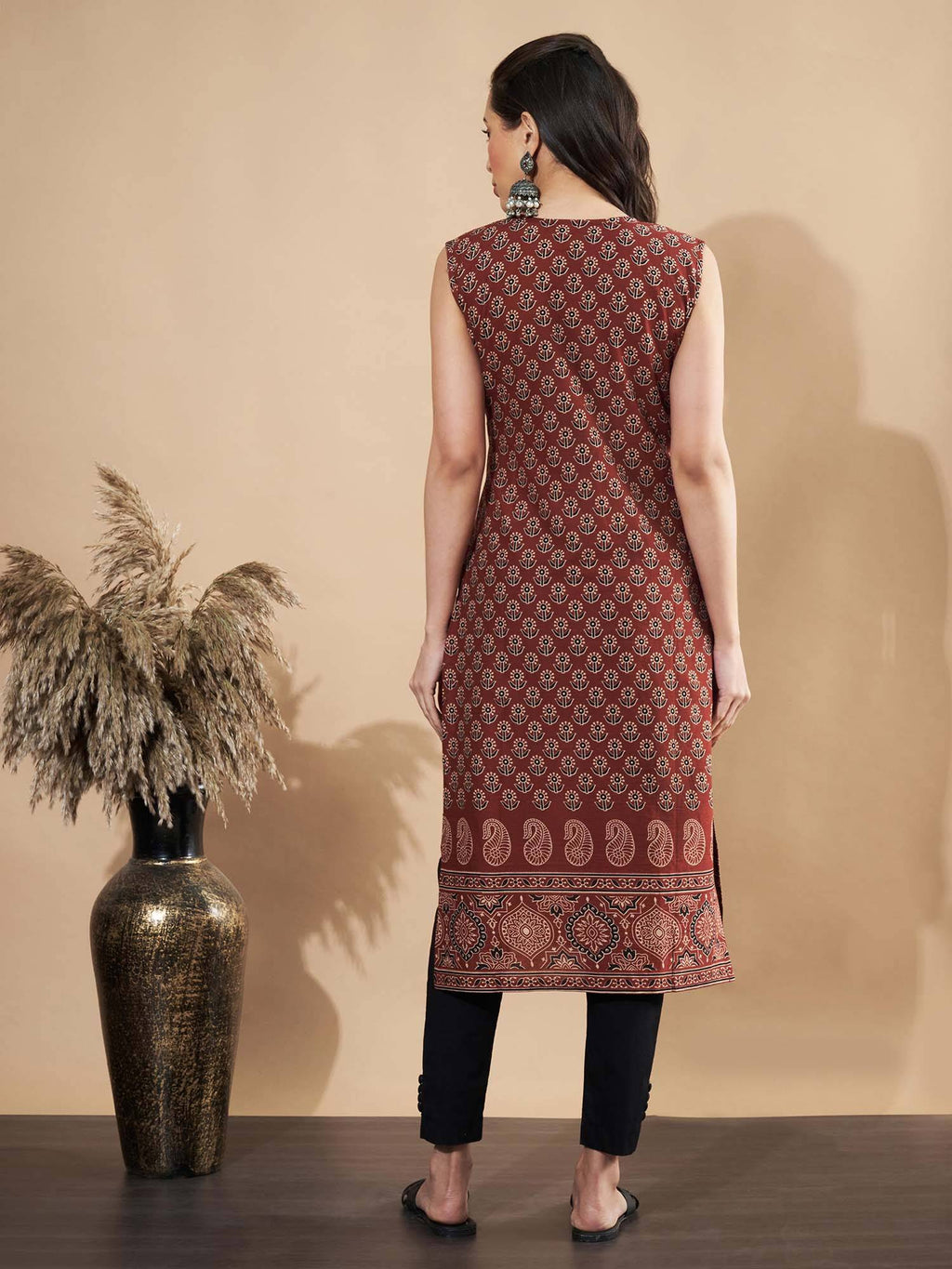 Women Floral Print Straight Cotton Maroon Stitched Kurta | FY93 - view 2
