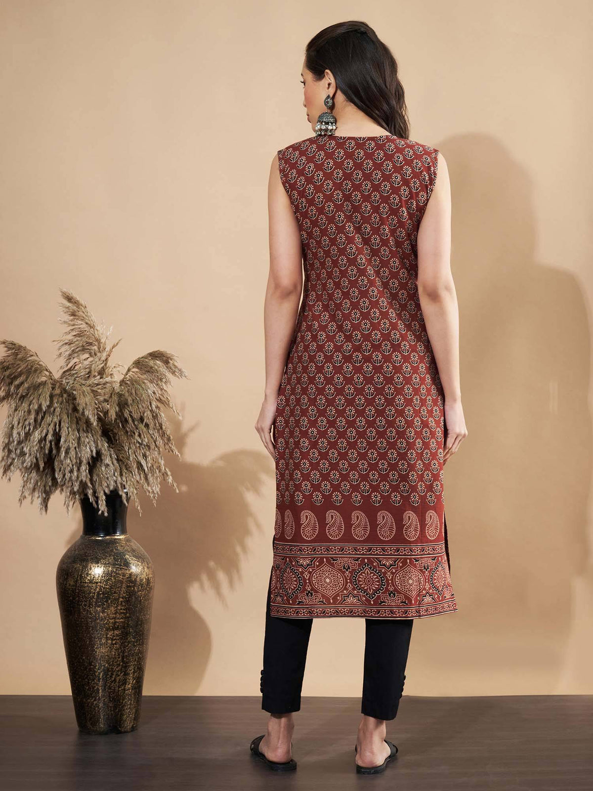 Women Floral Print Straight Cotton Maroon Stitched Kurta | FY93 - view 2
