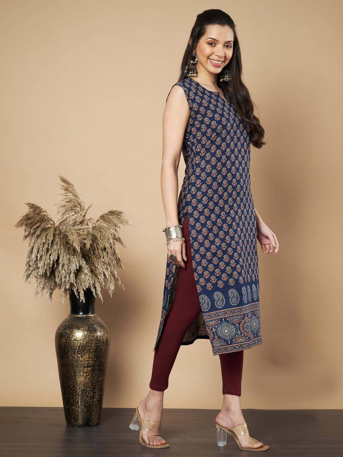 Women Floral Print Straight Cotton Maroon Stitched Kurta | FY93 - view 21