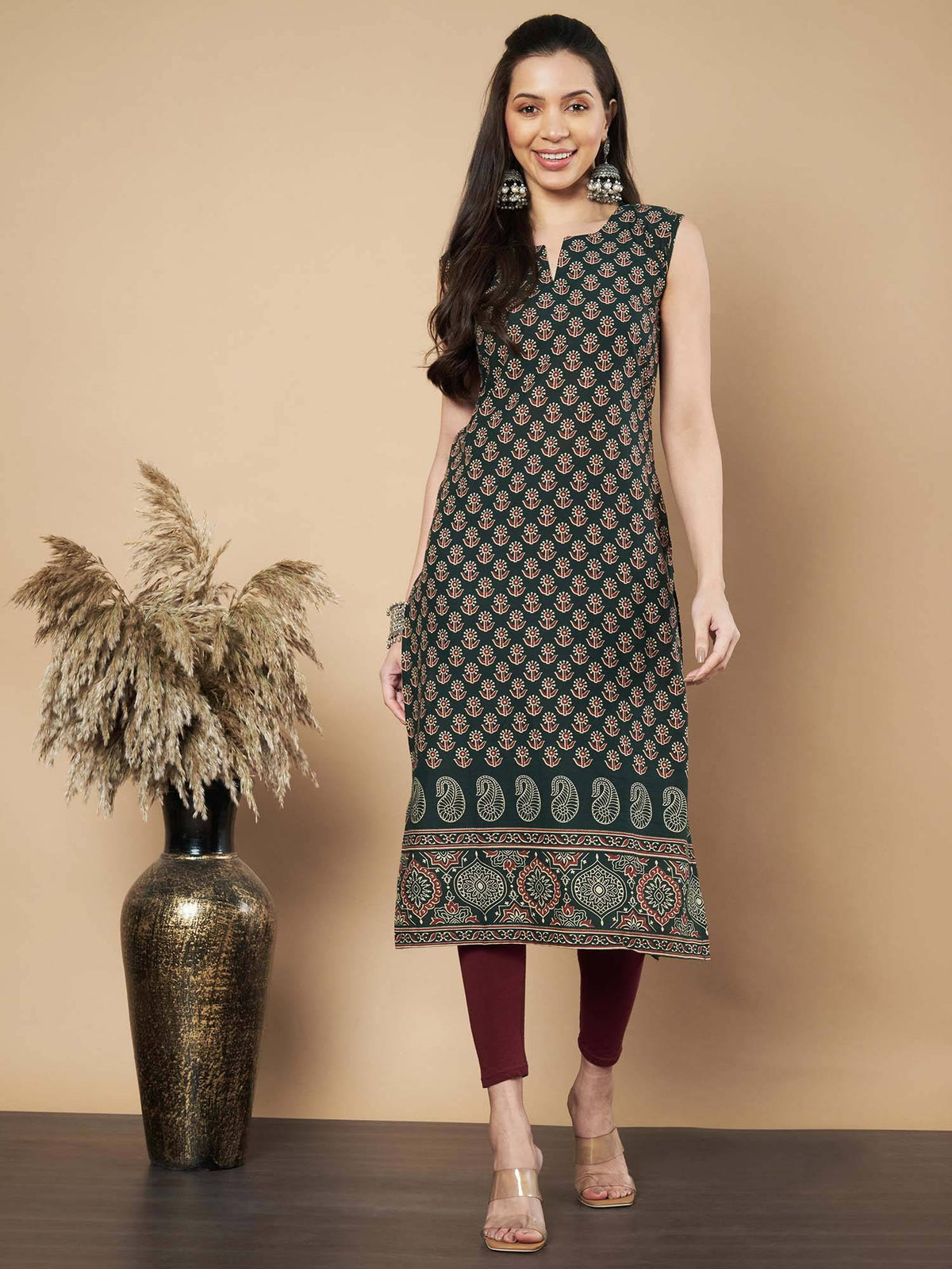 Women Floral Print Straight Cotton Maroon Stitched Kurta | FY93 - view 13