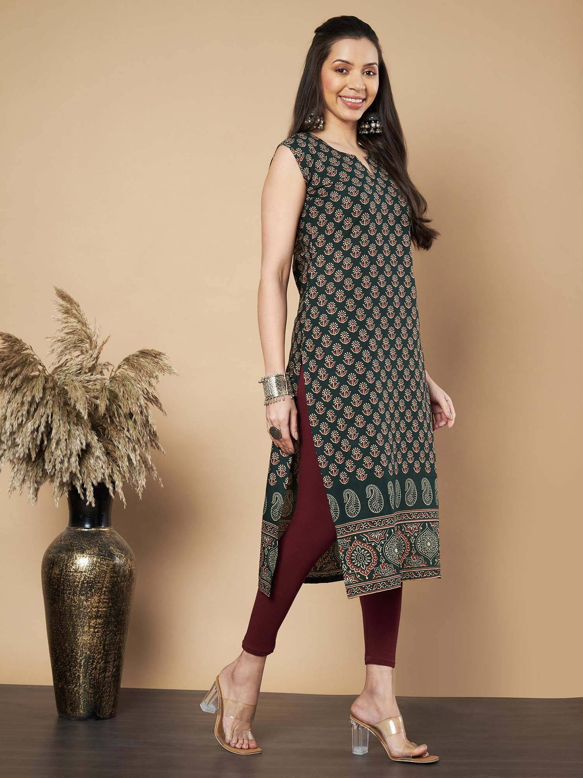 Women Floral Print Straight Cotton Maroon Stitched Kurta | FY93 - view 15