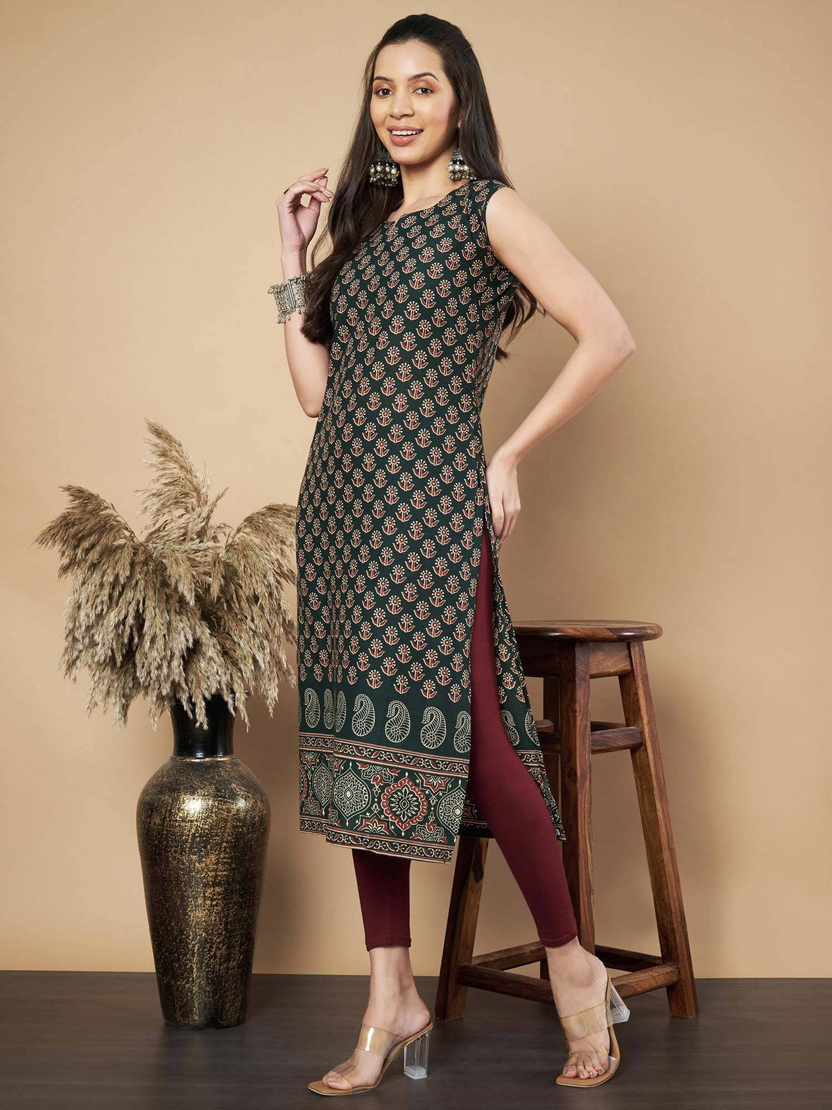Women Floral Print Straight Cotton Maroon Stitched Kurta | U3S - view 24