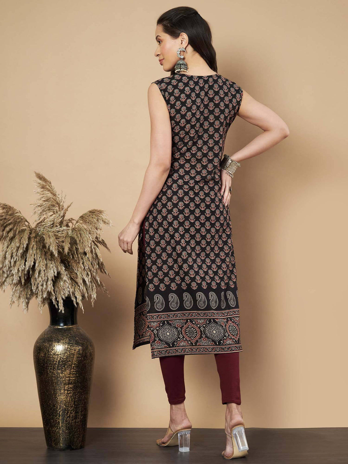 Women Floral Print Straight Cotton Maroon Stitched Kurta | FY93 - view 8