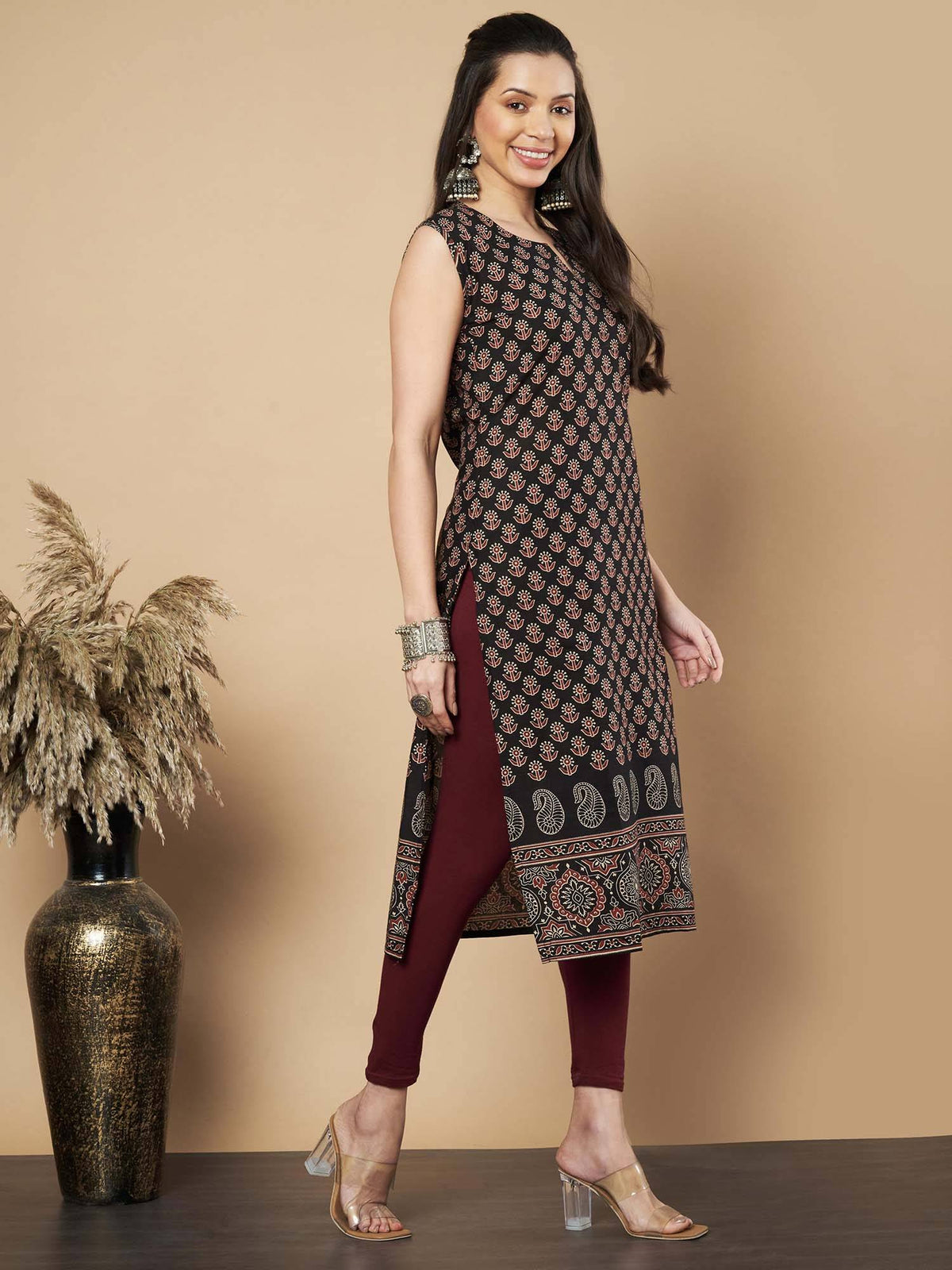 Women Floral Print Straight Cotton Maroon Stitched Kurta | FY93 - view 9