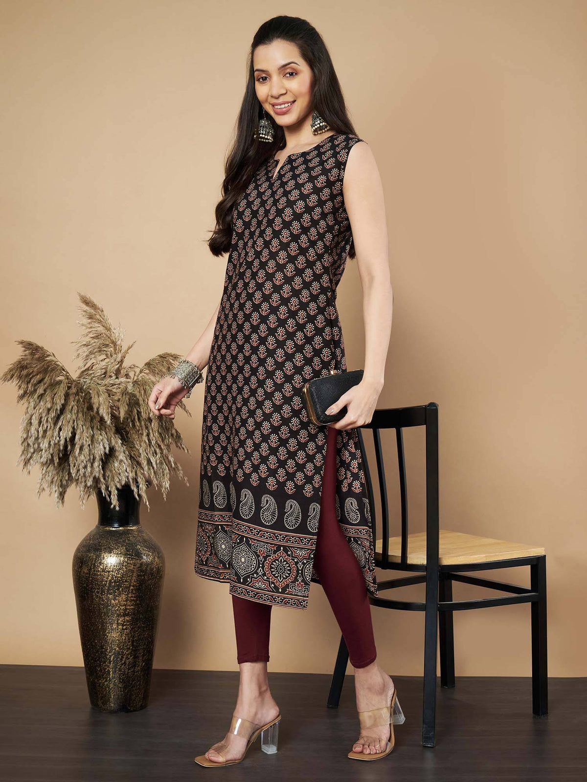 Women Floral Print Straight Cotton Maroon Stitched Kurta | FY93 - view 10