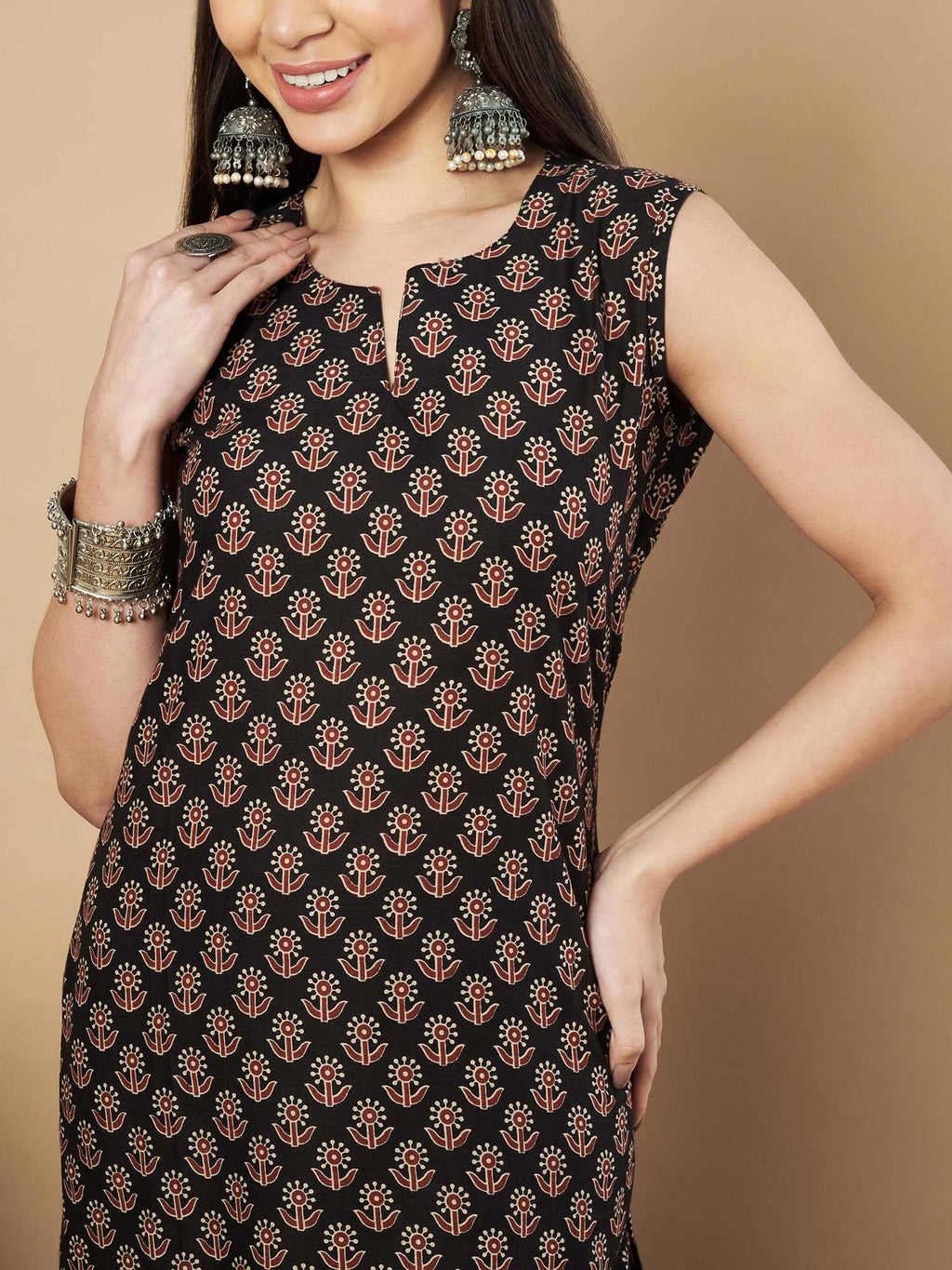Women Floral Print Straight Cotton Maroon Stitched Kurta | FY93 - view 11