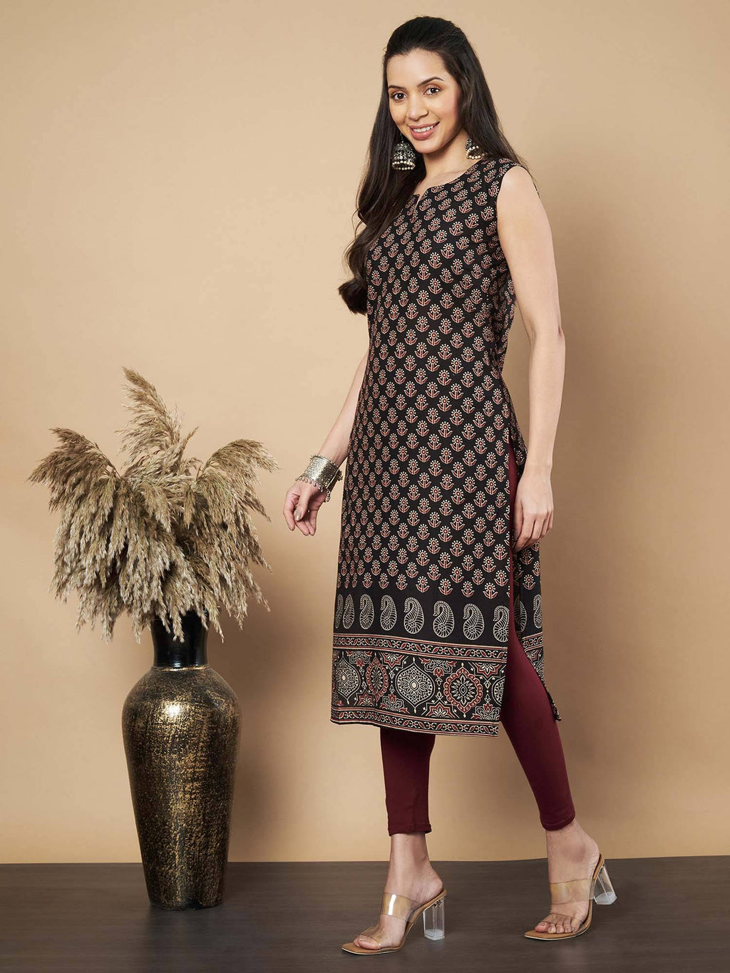 Women Floral Print Straight Cotton Maroon Stitched Kurta | FY93 - view 12