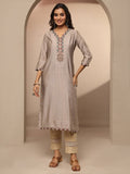 Taupe Embroidered V-Neck Kurta | FY93 - view 1
