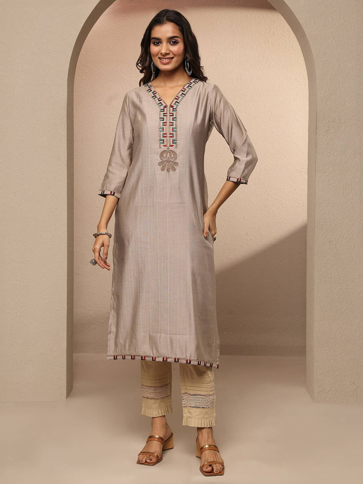 Taupe Embroidered V-Neck Kurta | FY93 - view 1