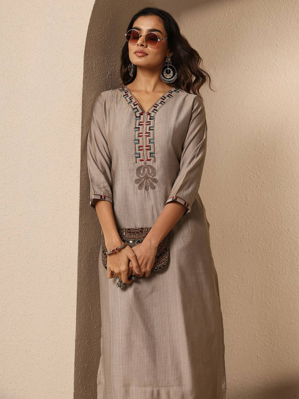 Taupe Embroidered V-Neck Kurta | FY93 - view 2