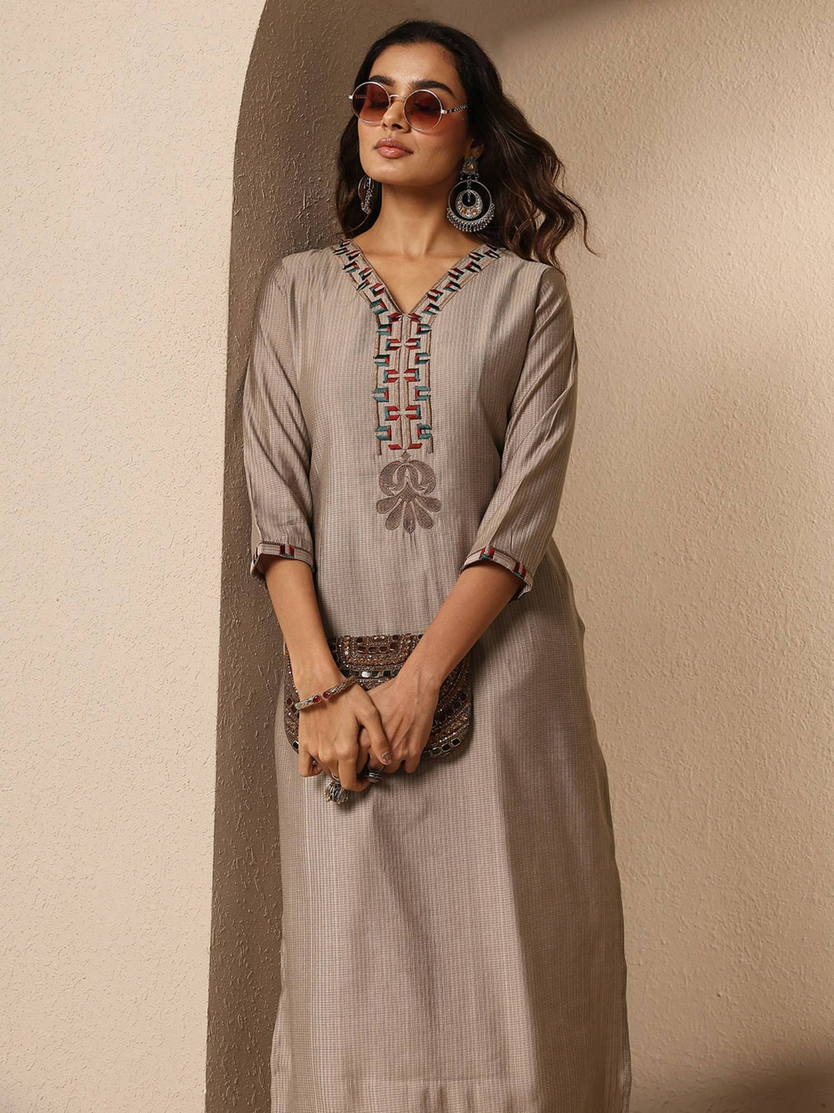 Taupe Embroidered V-Neck Kurta | FY93 - view 2