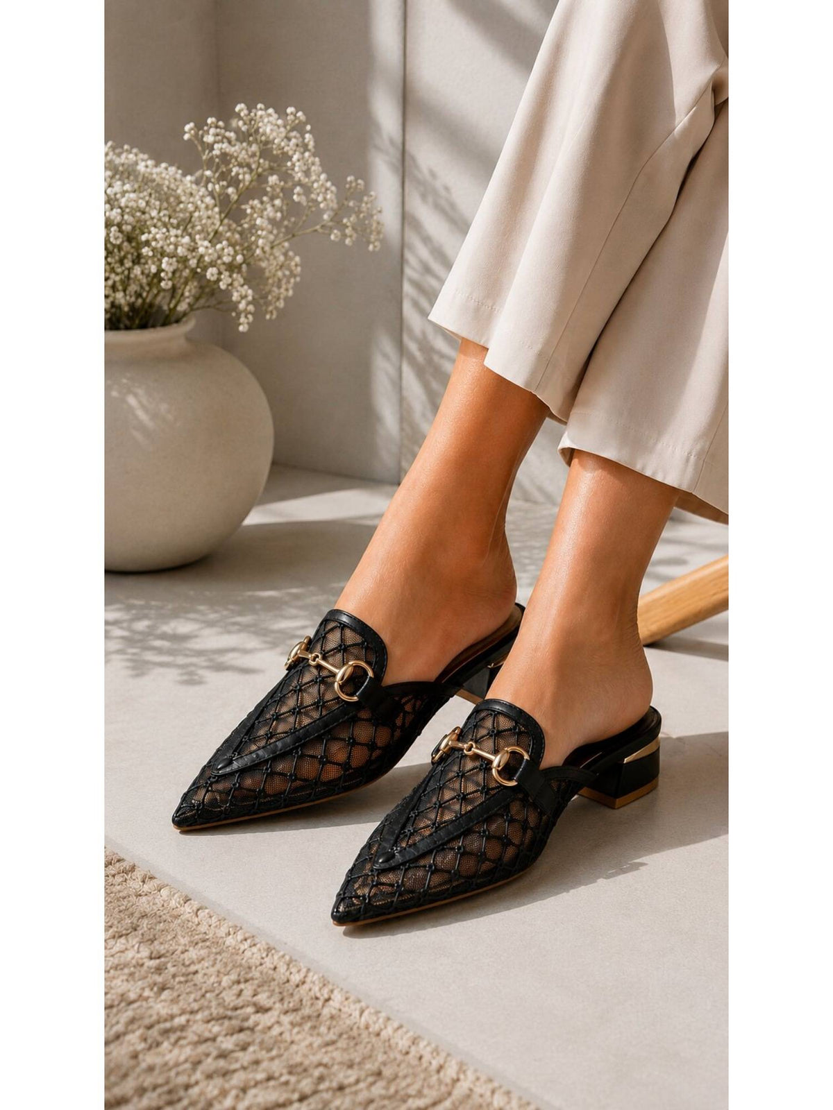 Midnight Black Mesh Luxe Pointed Mules | H78 - view 2