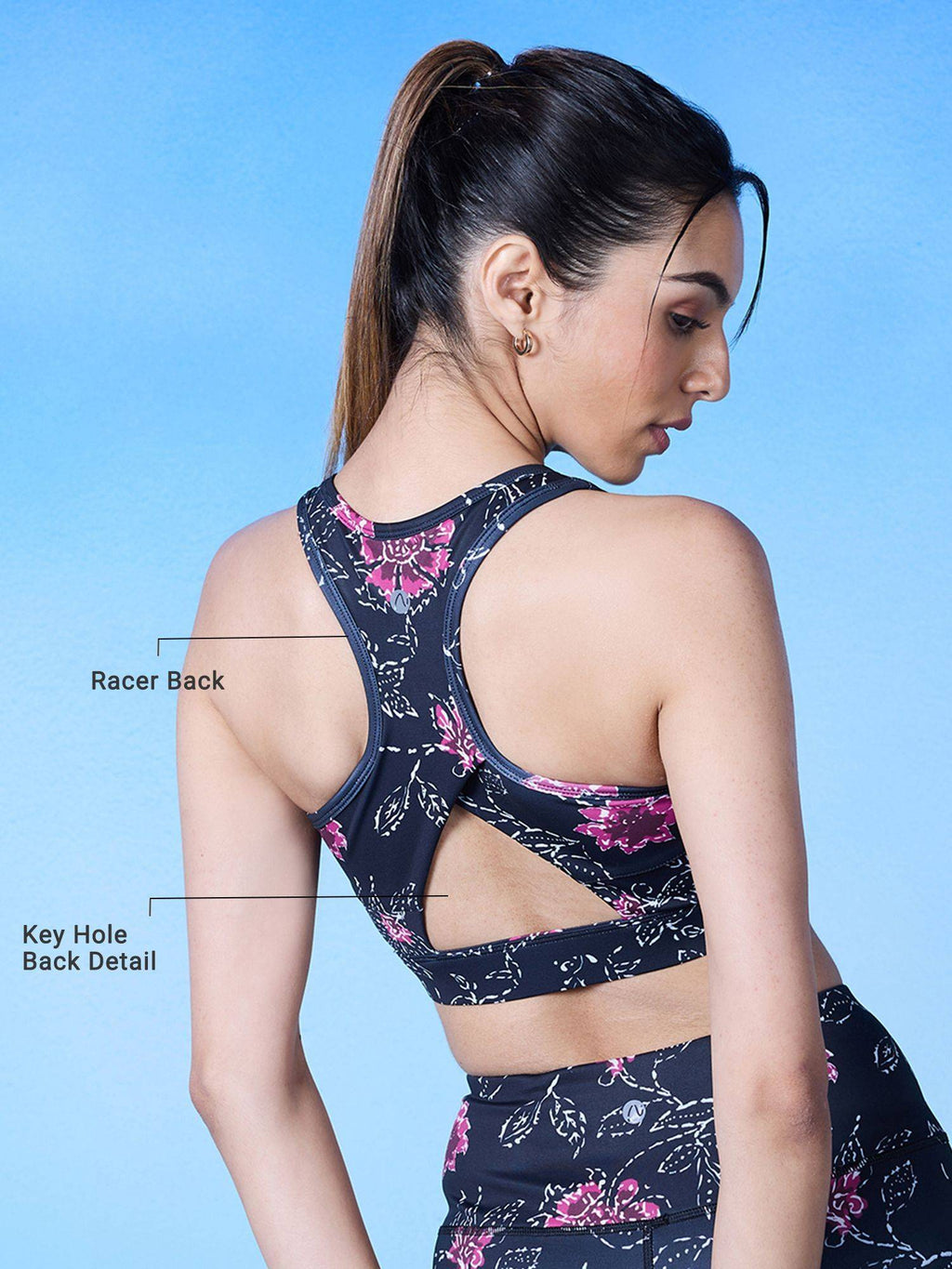 Medium Impact Sports Bra with Keyhole Back, Batik Black Print - | sb09 - view 2