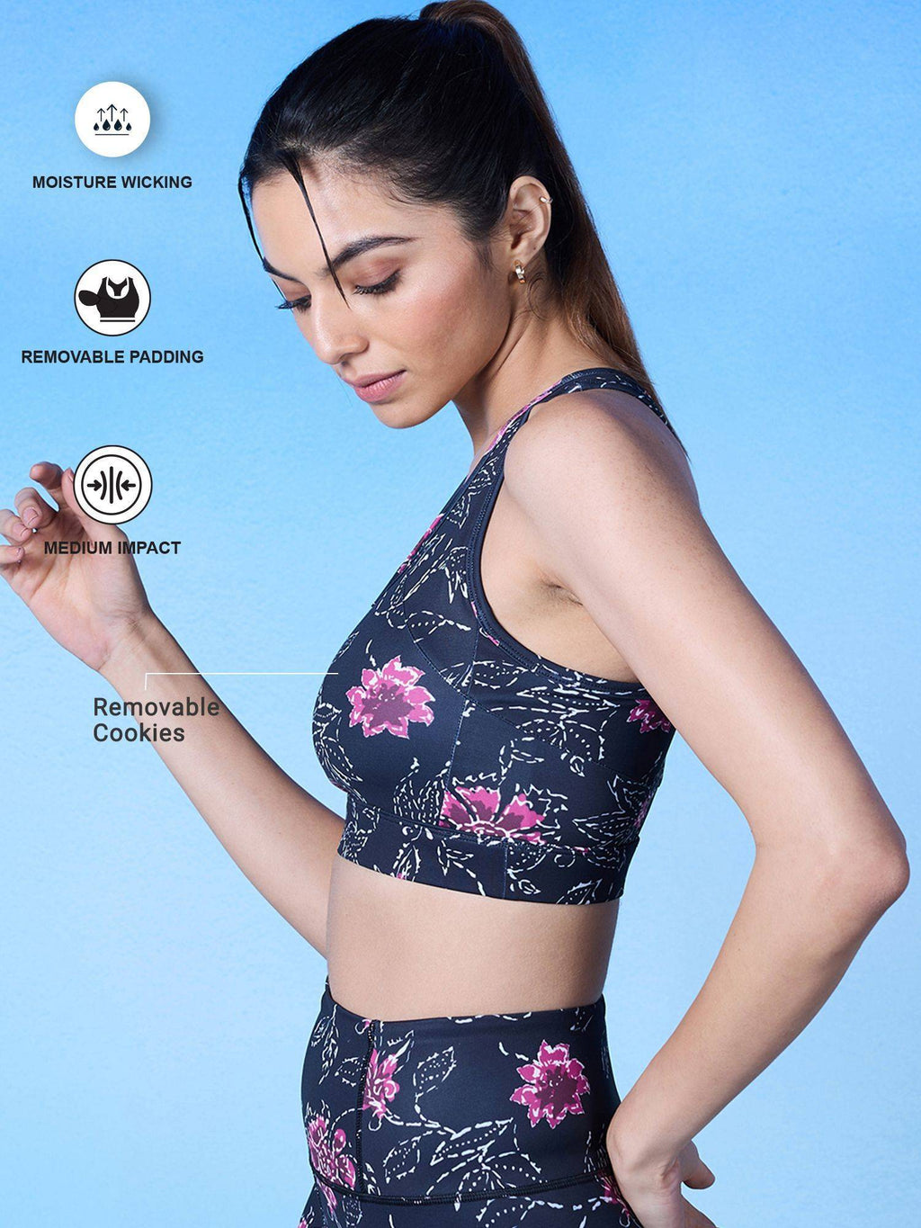 Medium Impact Sports Bra with Keyhole Back, Batik Black Print - | sb09 - view 4