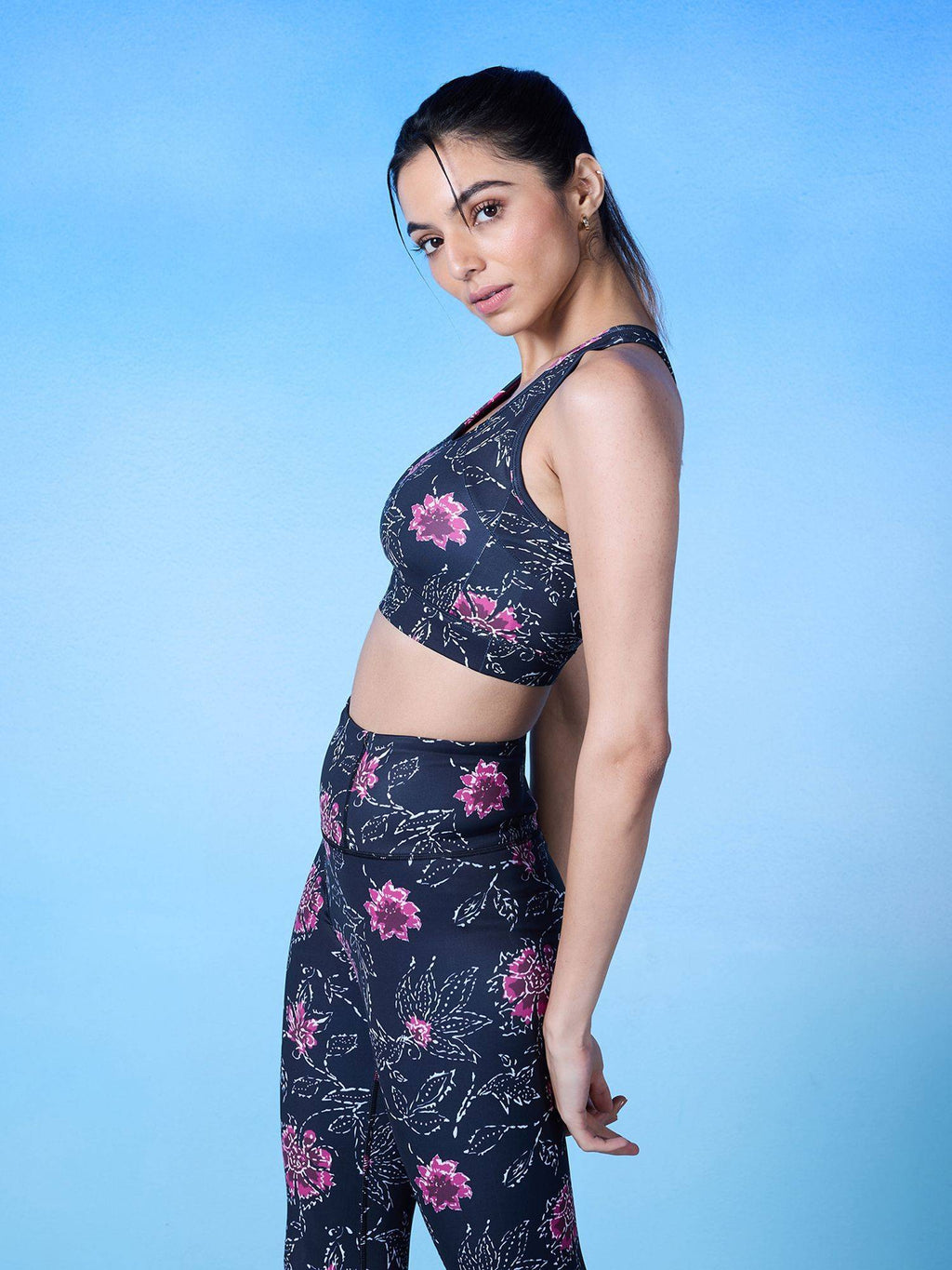 Medium Impact Sports Bra with Keyhole Back, Batik Black Print - | sb09 - view 6